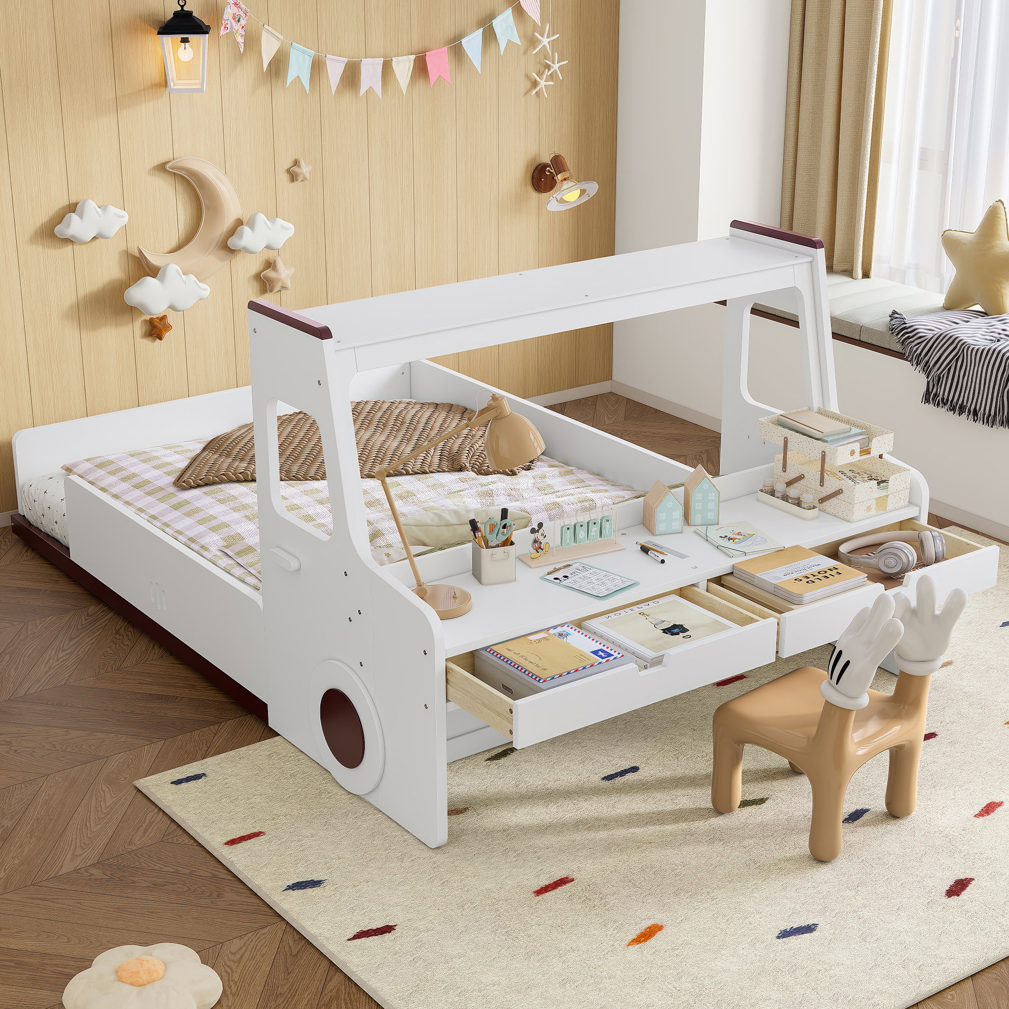 Full Size Floor Bed with Interesting Car-shape Design, Kids Car Floor Bed with Storage Drawers, Window, and Desk, Childlike Design, White - Image 1