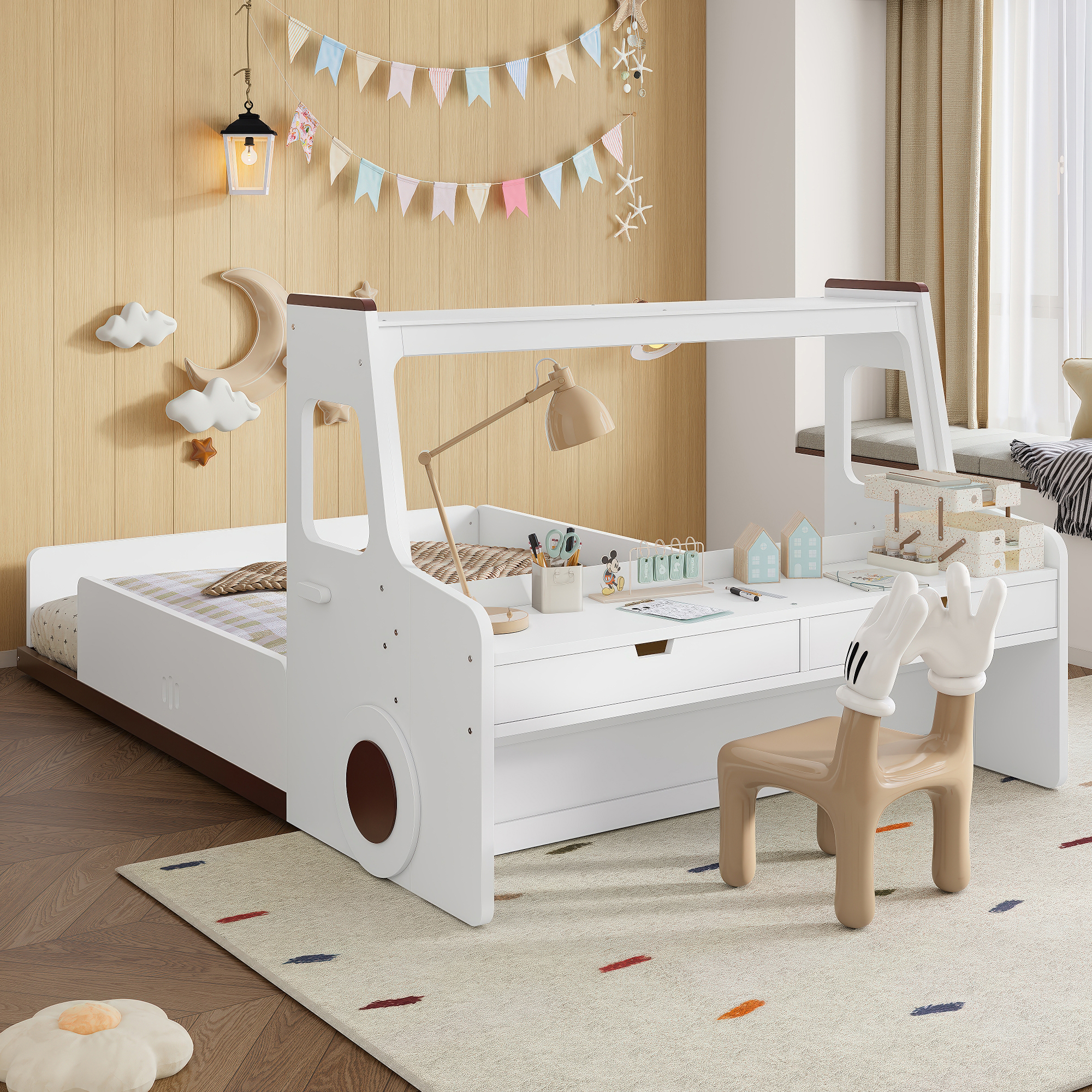 Full Size Floor Bed with Interesting Car-shape Design, Kids Car Floor Bed with Storage Drawers, Window, and Desk, Childlike Design, White - Image 2