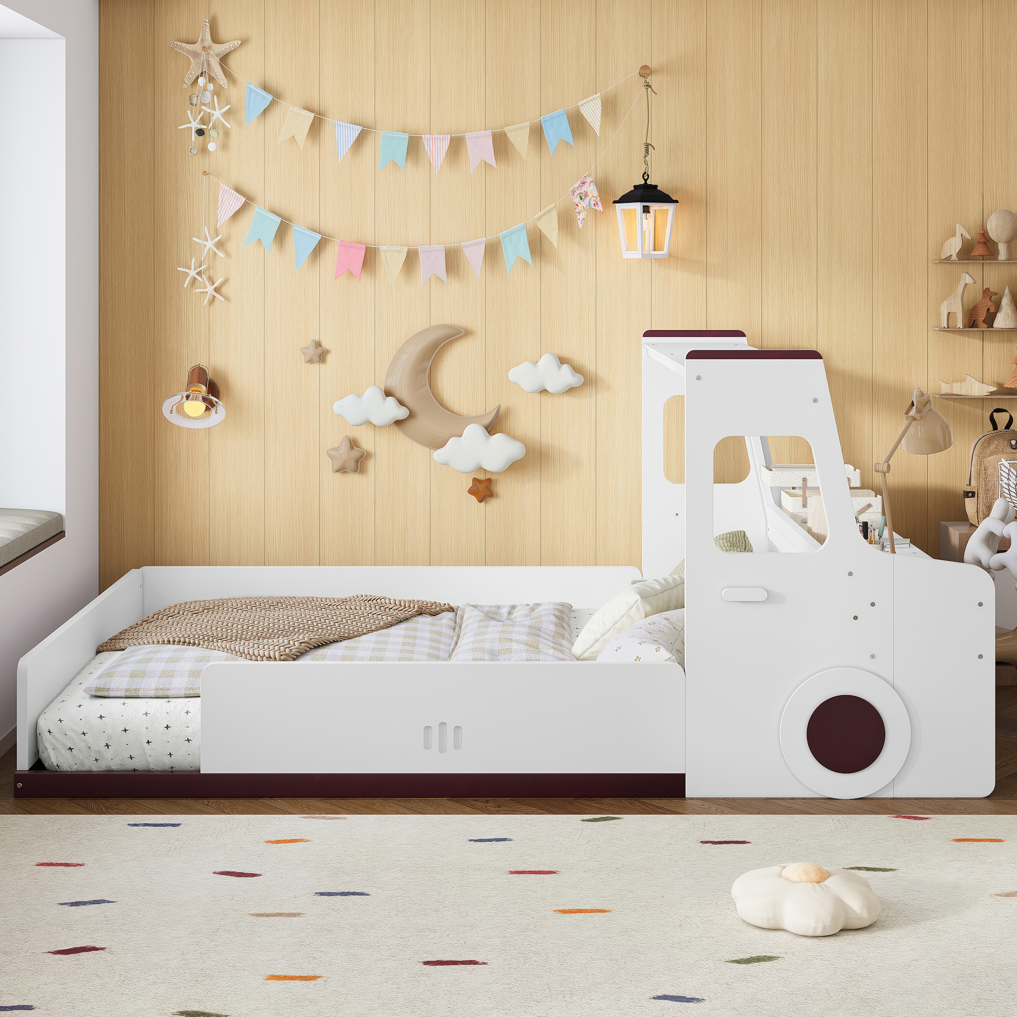 Full Size Floor Bed with Interesting Car-shape Design, Kids Car Floor Bed with Storage Drawers, Window, and Desk, Childlike Design, White - Image 3