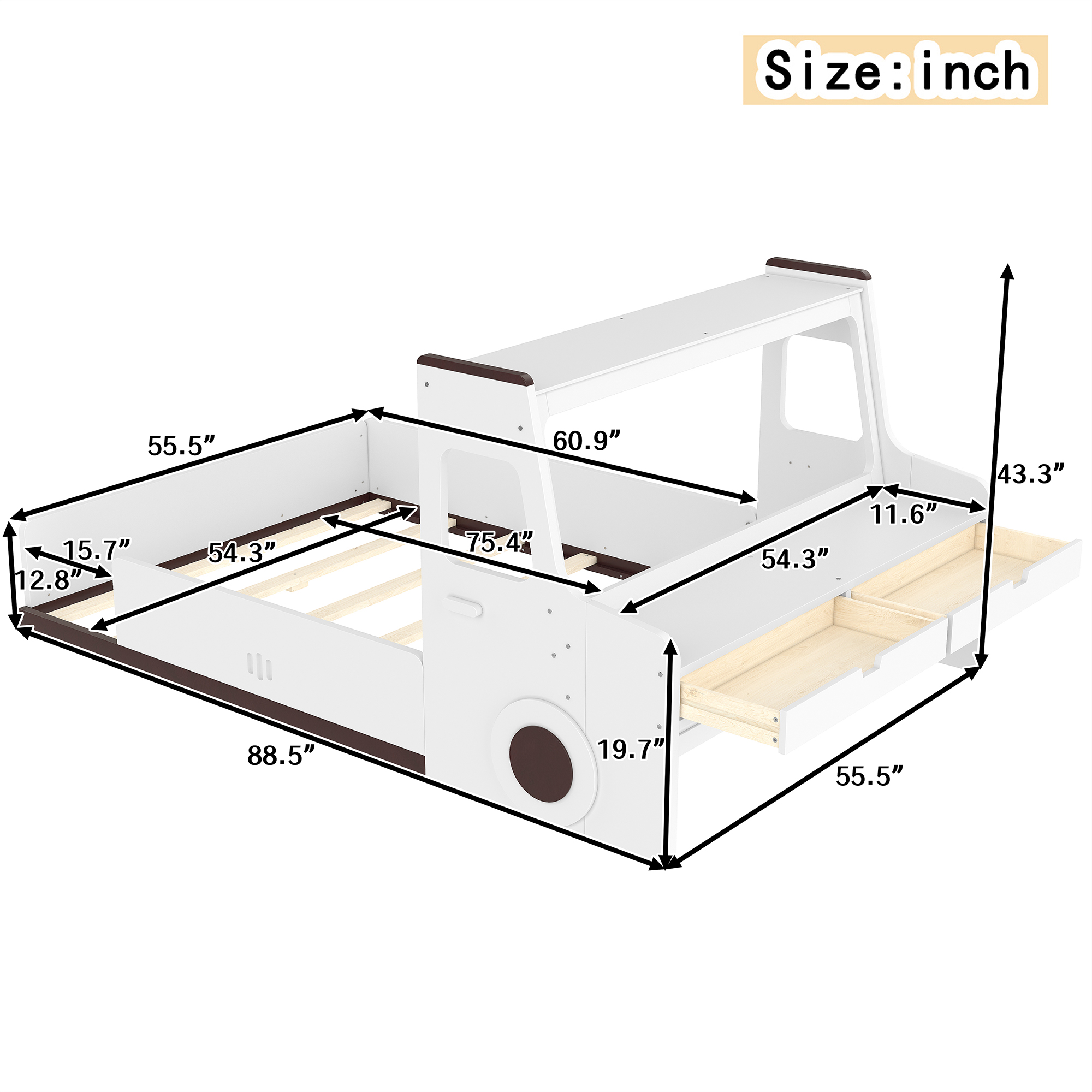 Full Size Floor Bed with Interesting Car-shape Design, Kids Car Floor Bed with Storage Drawers, Window, and Desk, Childlike Design, White - Image 4