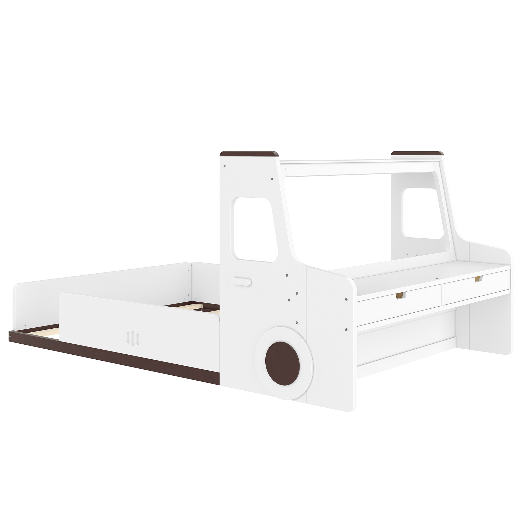 Full Size Floor Bed with Interesting Car-shape Design, Kids Car Floor Bed with Storage Drawers, Window, and Desk, Childlike Design, White - Image 5