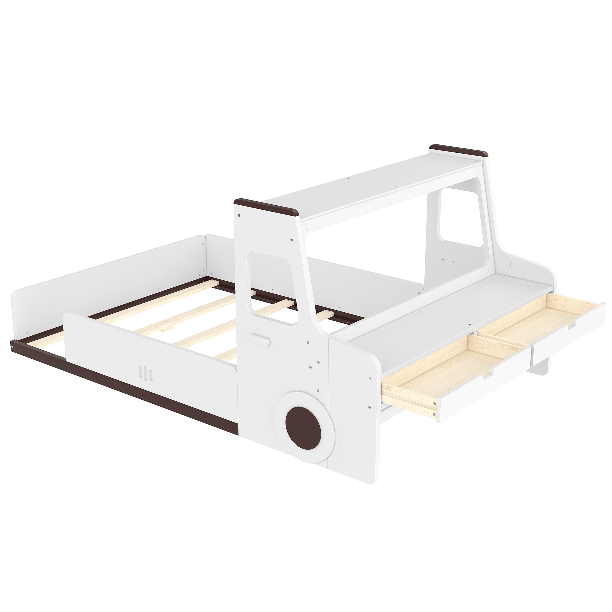 Full Size Floor Bed with Interesting Car-shape Design, Kids Car Floor Bed with Storage Drawers, Window, and Desk, Childlike Design, White - Image 6