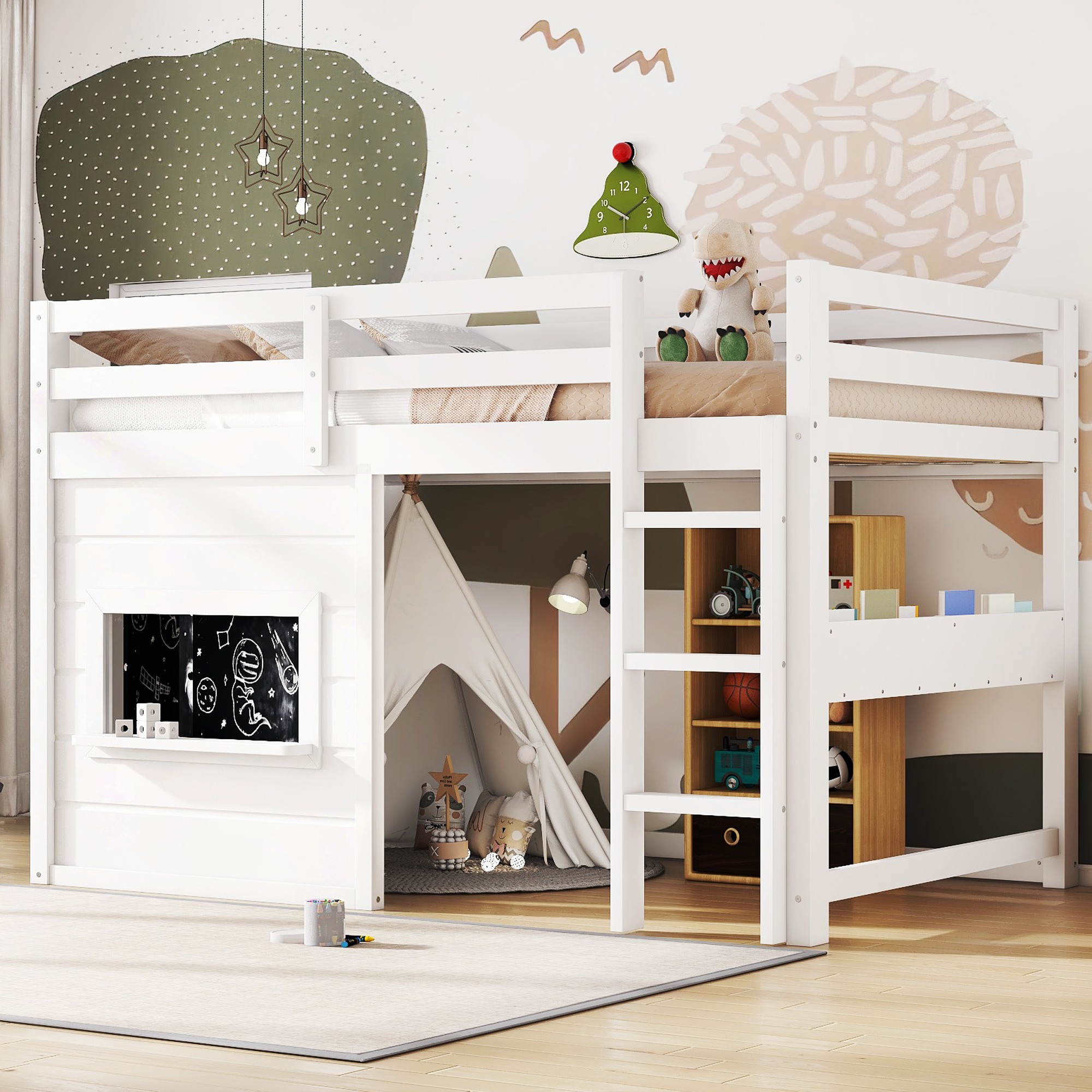 Twin Size loft bed with a playful sliding chalkboard, built-in bookshelf, and high-quality safety rails, White - Image 2