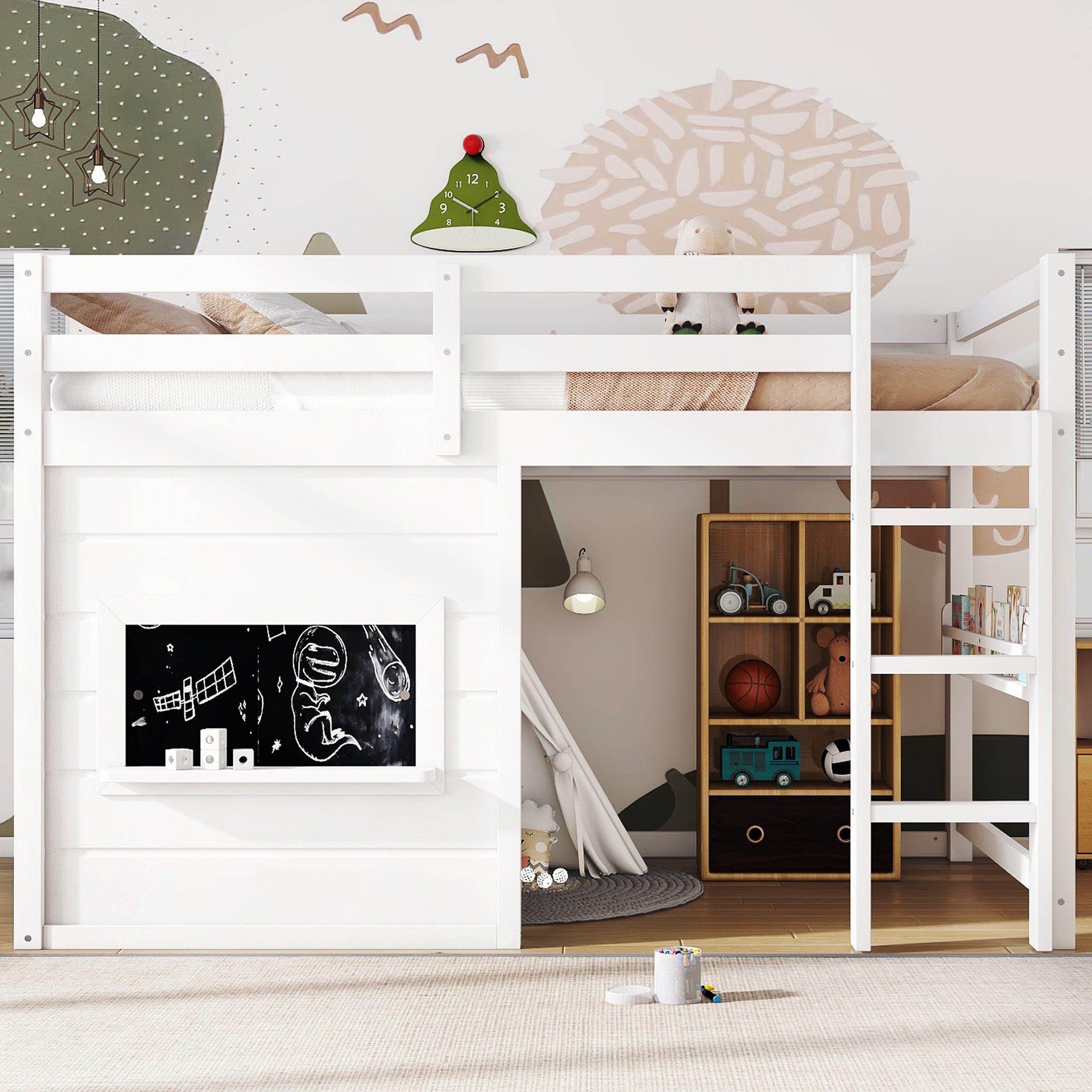 Twin Size loft bed with a playful sliding chalkboard, built-in bookshelf, and high-quality safety rails, White - Image 3