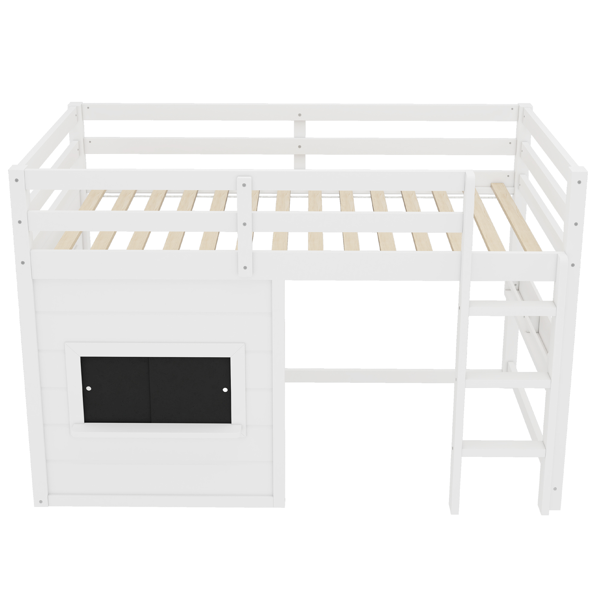 Twin Size loft bed with a playful sliding chalkboard, built-in bookshelf, and high-quality safety rails, White - Image 6