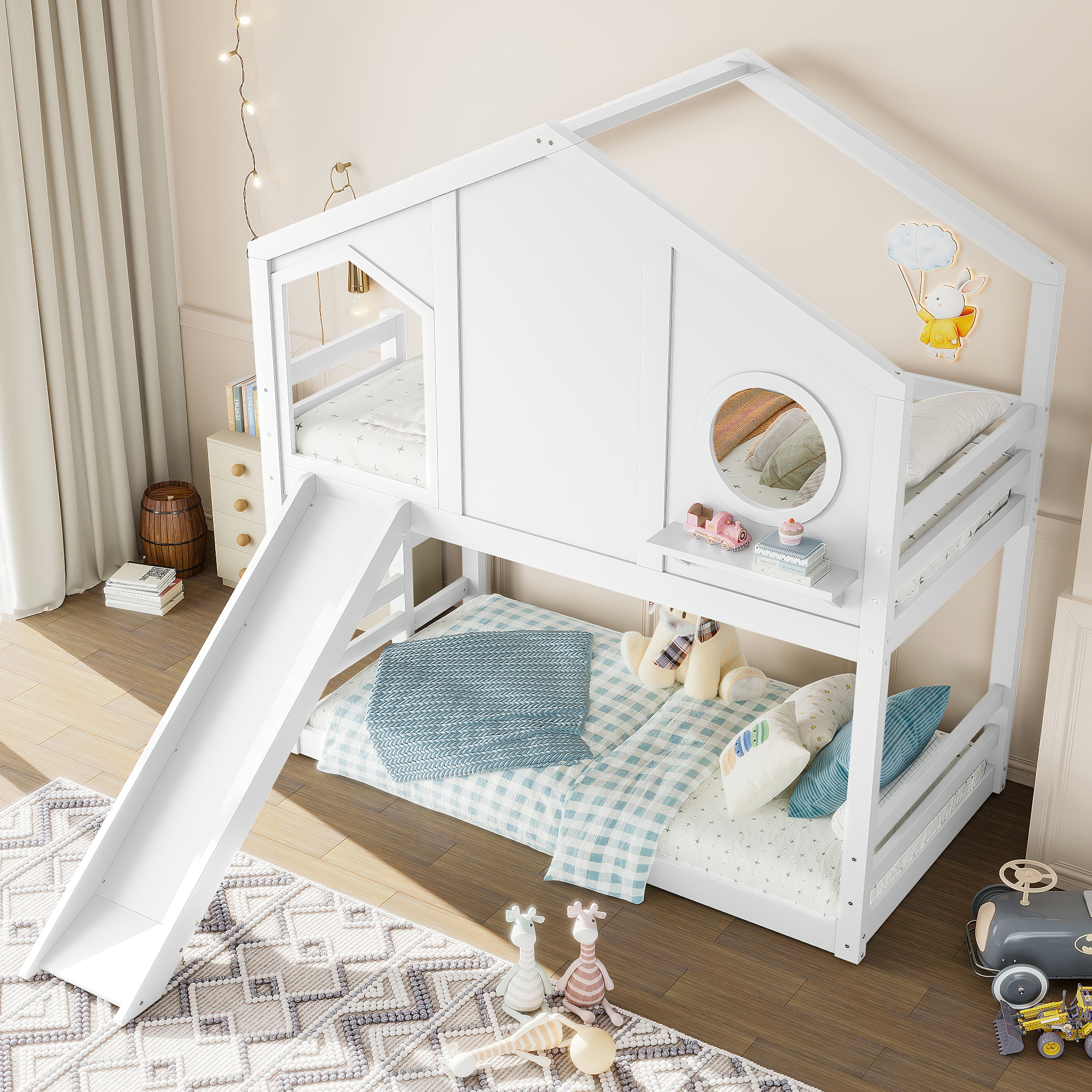 Twin House Bunk Bed with Slide and Storage Shelves, Solid Wood House Loft Bed with Window, Childlike Design, White