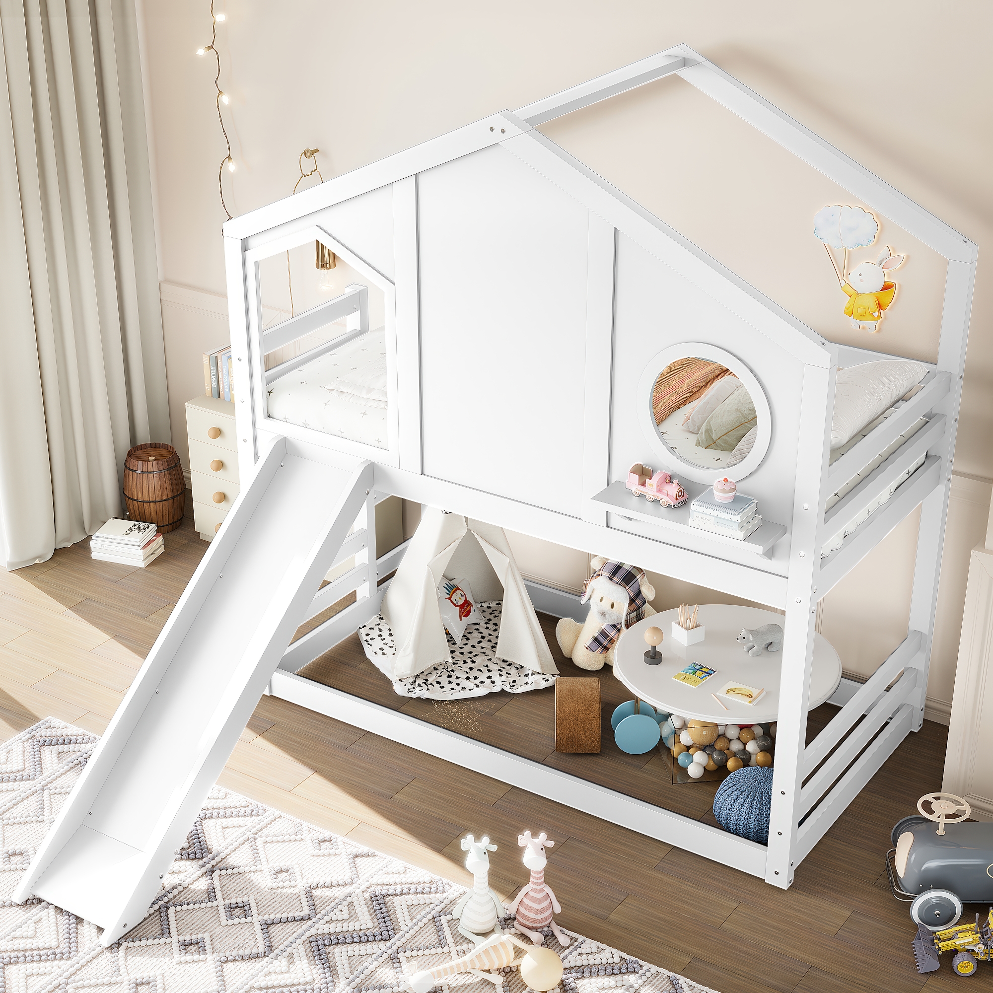 Twin House Bunk Bed with Slide and Storage Shelves, Solid Wood House Loft Bed with Window, Childlike Design, White - Image 2