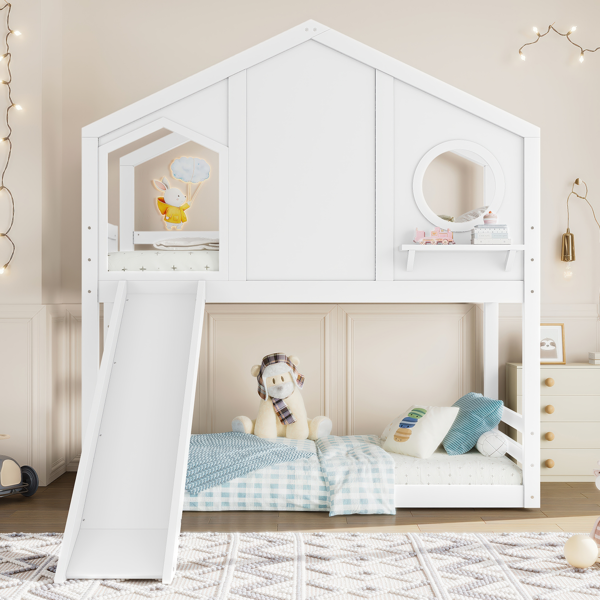 Twin House Bunk Bed with Slide and Storage Shelves, Solid Wood House Loft Bed with Window, Childlike Design, White - Image 3