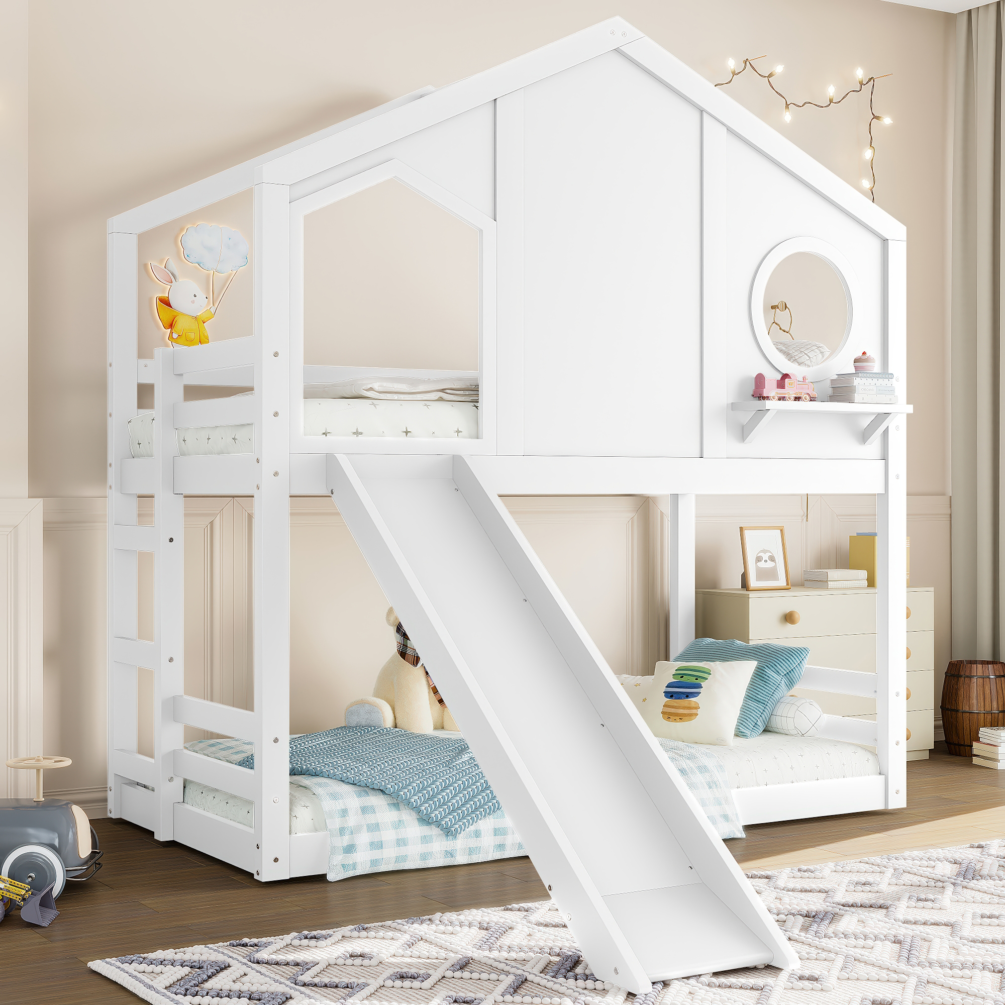 Twin House Bunk Bed with Slide and Storage Shelves, Solid Wood House Loft Bed with Window, Childlike Design, White - Image 4