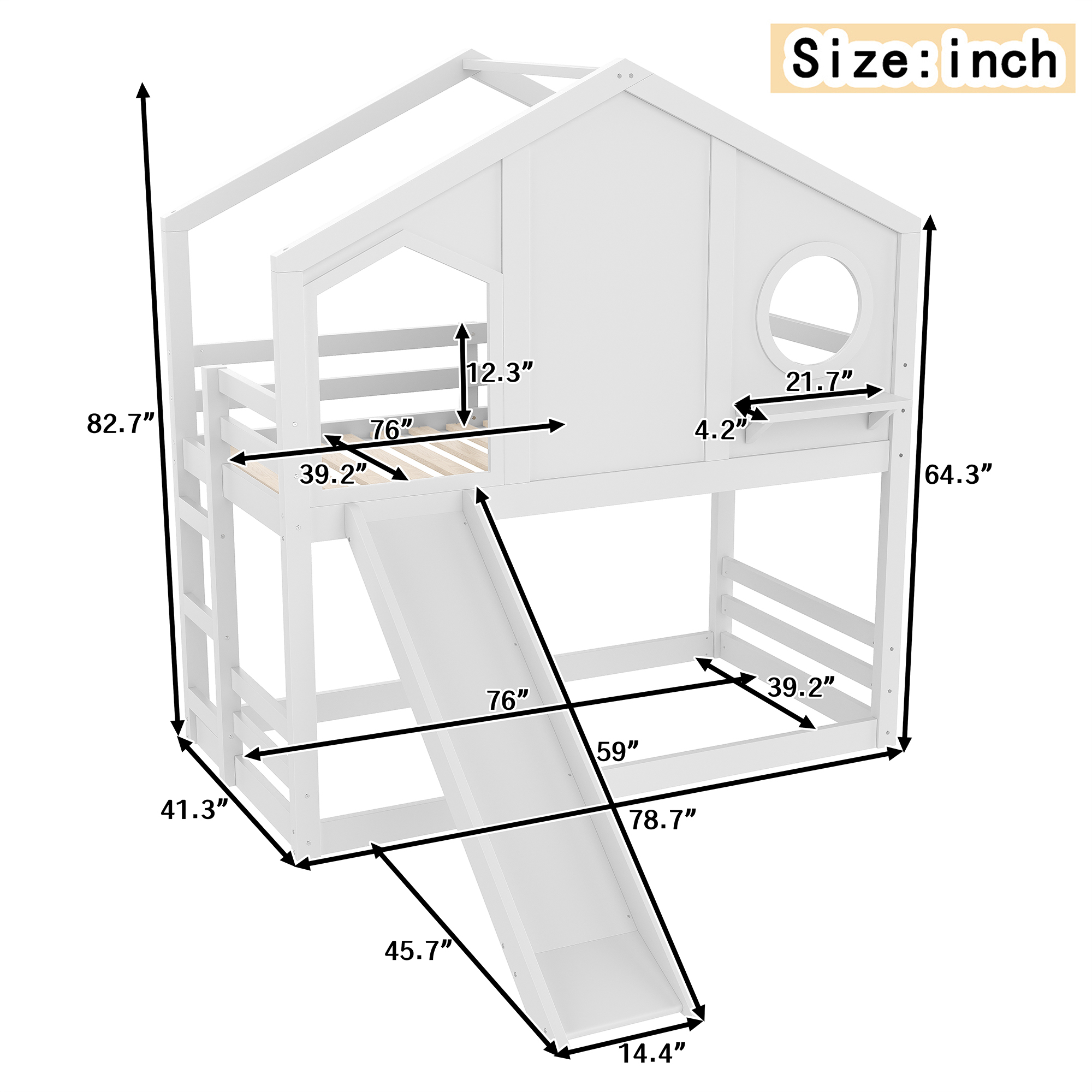 Twin House Bunk Bed with Slide and Storage Shelves, Solid Wood House Loft Bed with Window, Childlike Design, White - Image 5