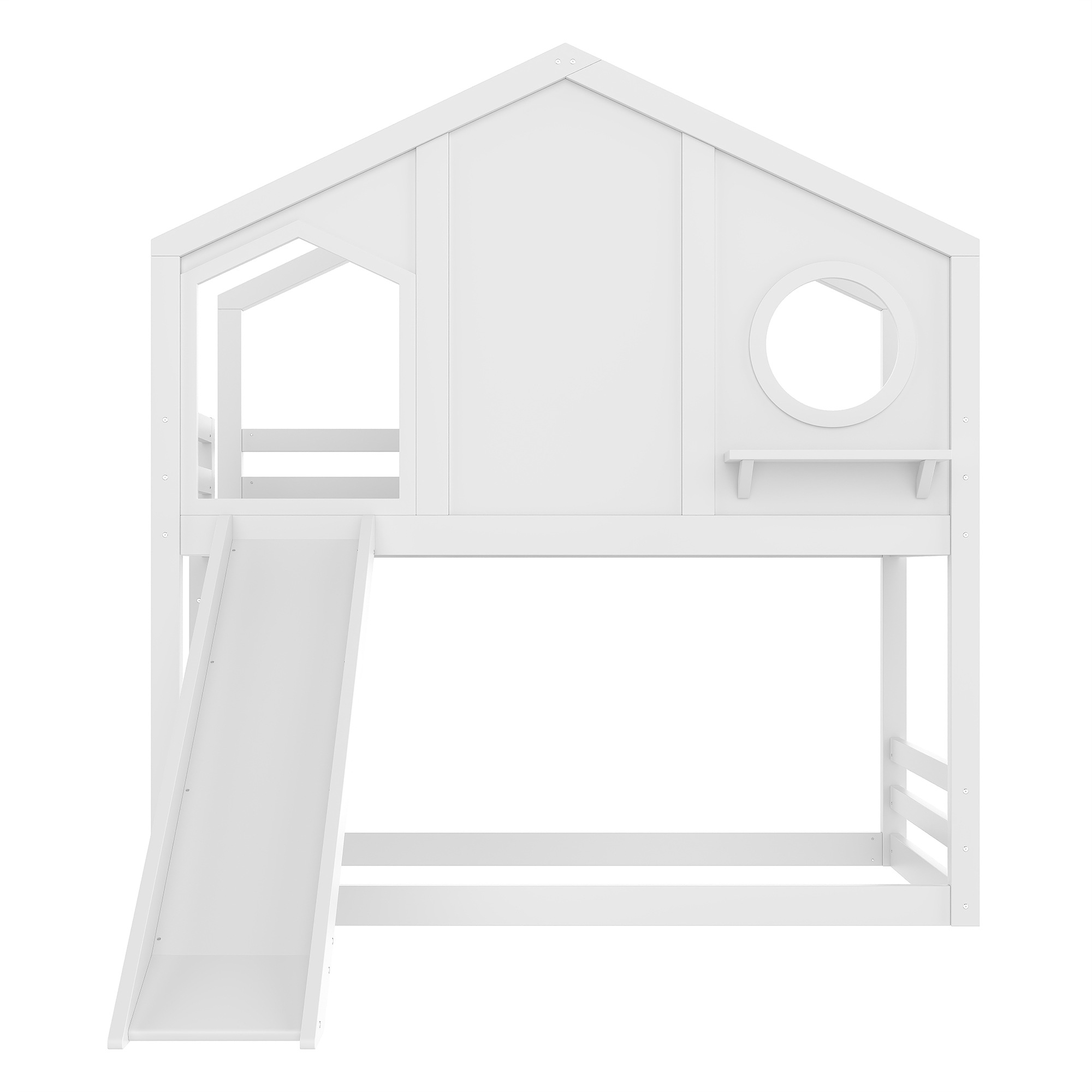 Twin House Bunk Bed with Slide and Storage Shelves, Solid Wood House Loft Bed with Window, Childlike Design, White - Image 6