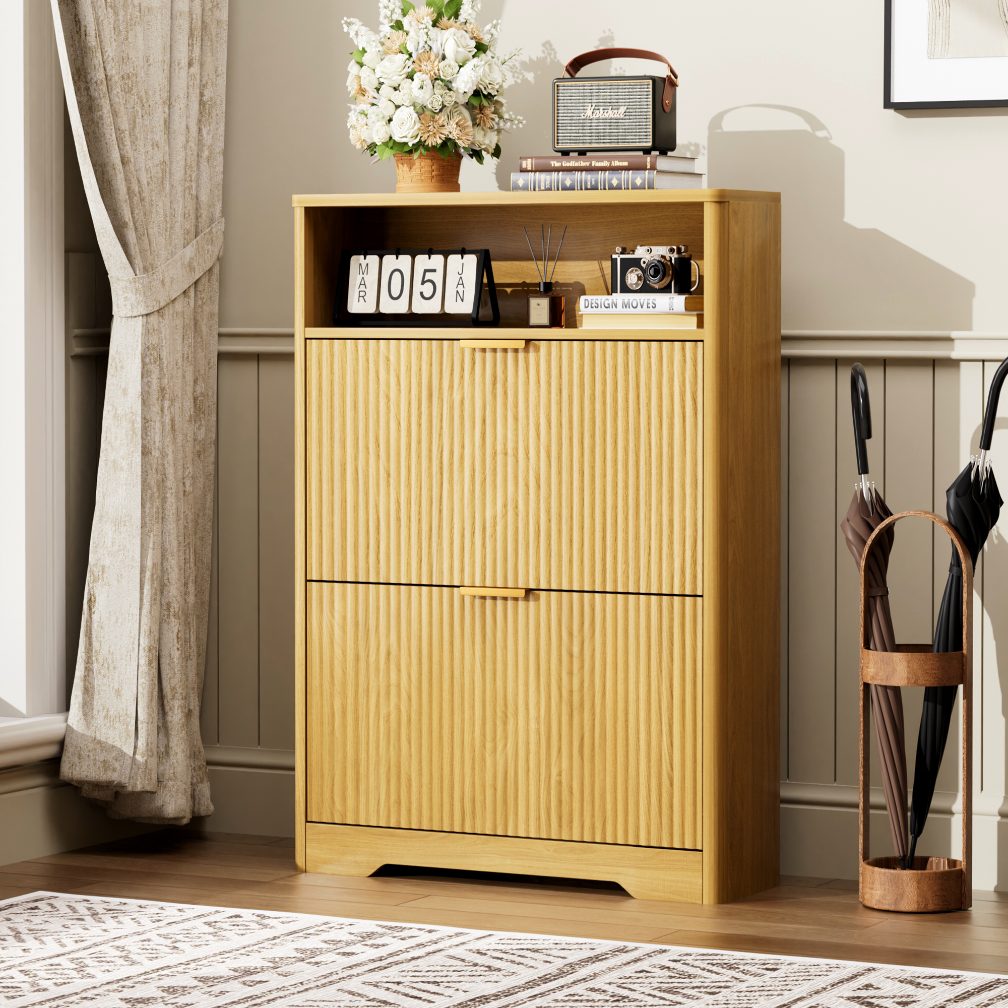 Shoe Cabinet Storage for Entryway Hidden Shoes Storage Cabinet with 2 Flip Drawers, Tall Free Standing Shoe Organizer Rack for Foyer, Hallway. Natural,31.6” L x 9.6” W x 40” H.