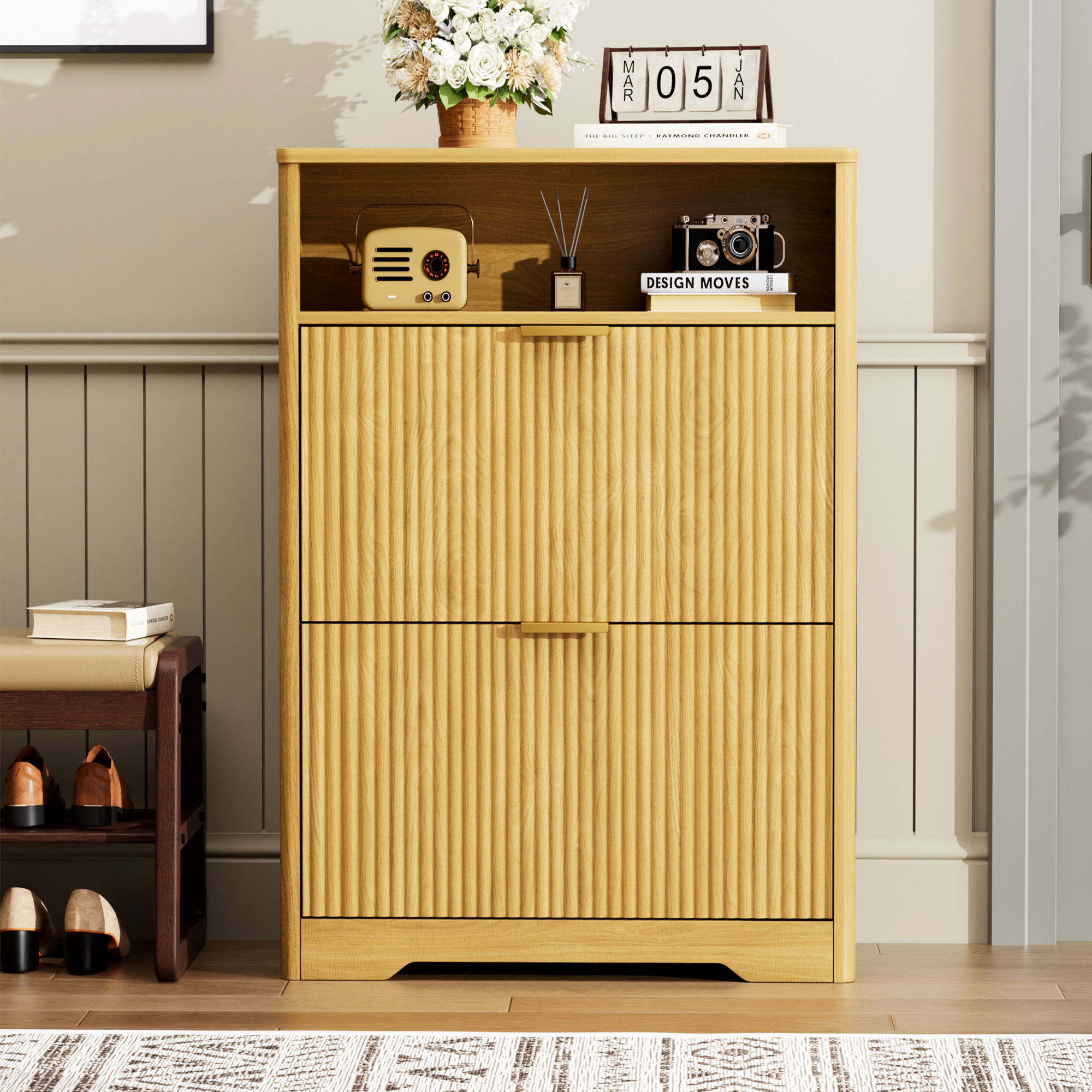 Shoe Cabinet Storage for Entryway Hidden Shoes Storage Cabinet with 2 Flip Drawers, Tall Free Standing Shoe Organizer Rack for Foyer, Hallway. Natural,31.6'' L x 9.6'' W x 40'' H. - Image 2