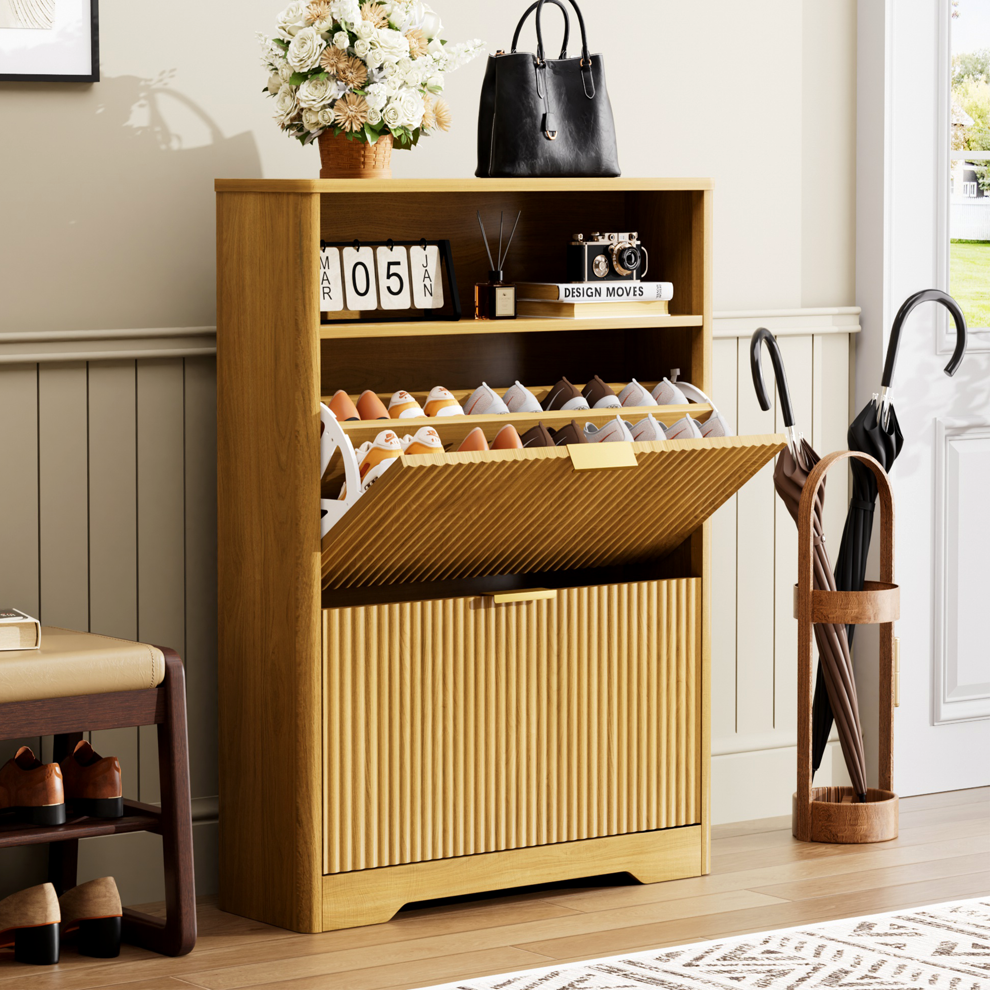 Shoe Cabinet Storage for Entryway Hidden Shoes Storage Cabinet with 2 Flip Drawers, Tall Free Standing Shoe Organizer Rack for Foyer, Hallway. Natural,31.6'' L x 9.6'' W x 40'' H. - Image 3