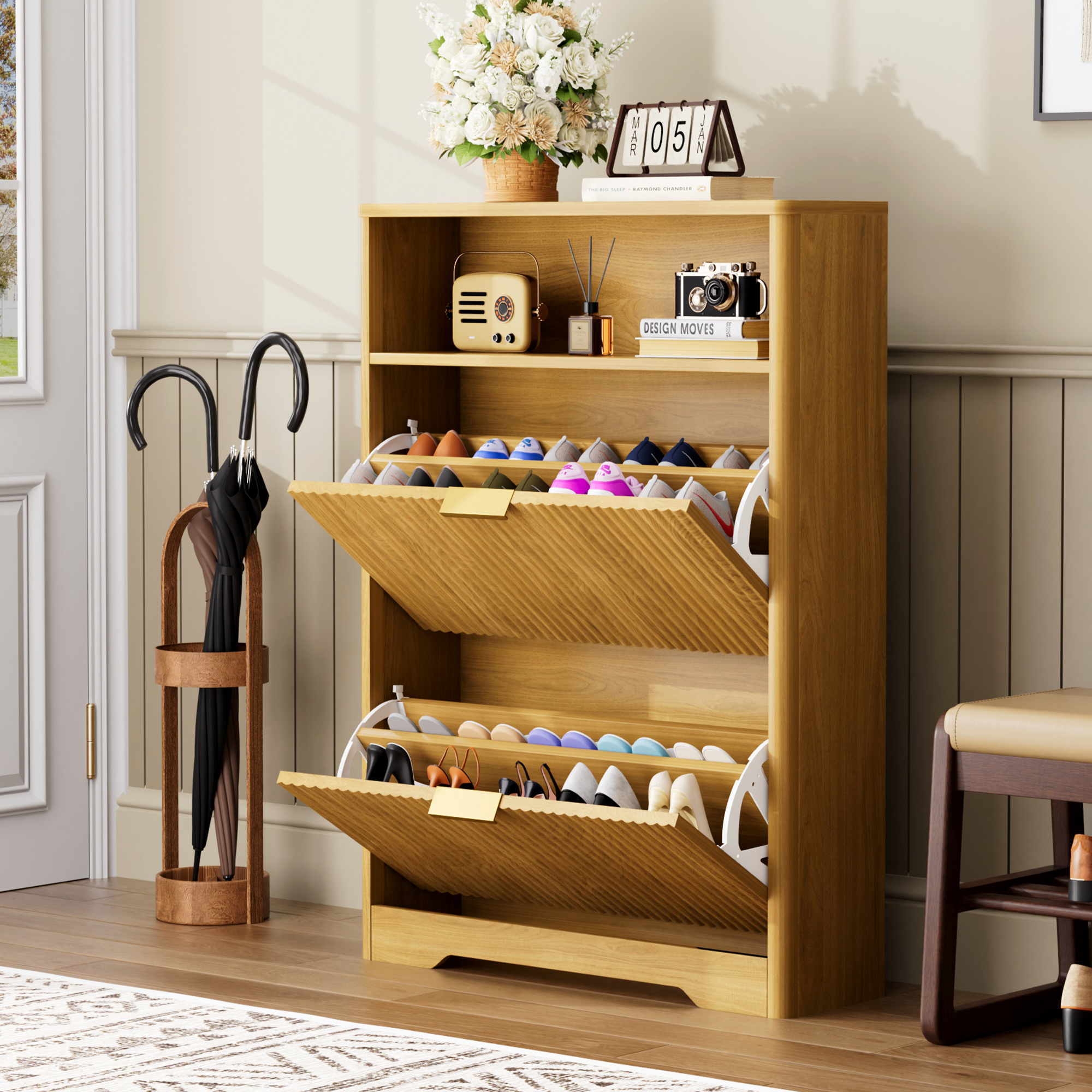 Shoe Cabinet Storage for Entryway Hidden Shoes Storage Cabinet with 2 Flip Drawers, Tall Free Standing Shoe Organizer Rack for Foyer, Hallway. Natural,31.6'' L x 9.6'' W x 40'' H. - Image 4