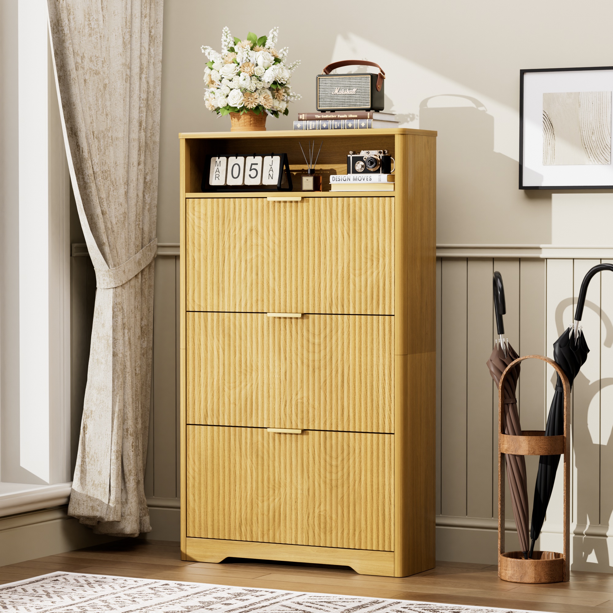 Shoe Cabinet Storage for Entryway Hidden Shoes Storage Cabinet with 3 Flip Drawers, Tall Free Standing Shoe Organizer Rack for Foyer, Hallway. Natural,31.6” L x 9.6” W x 54.4” H.