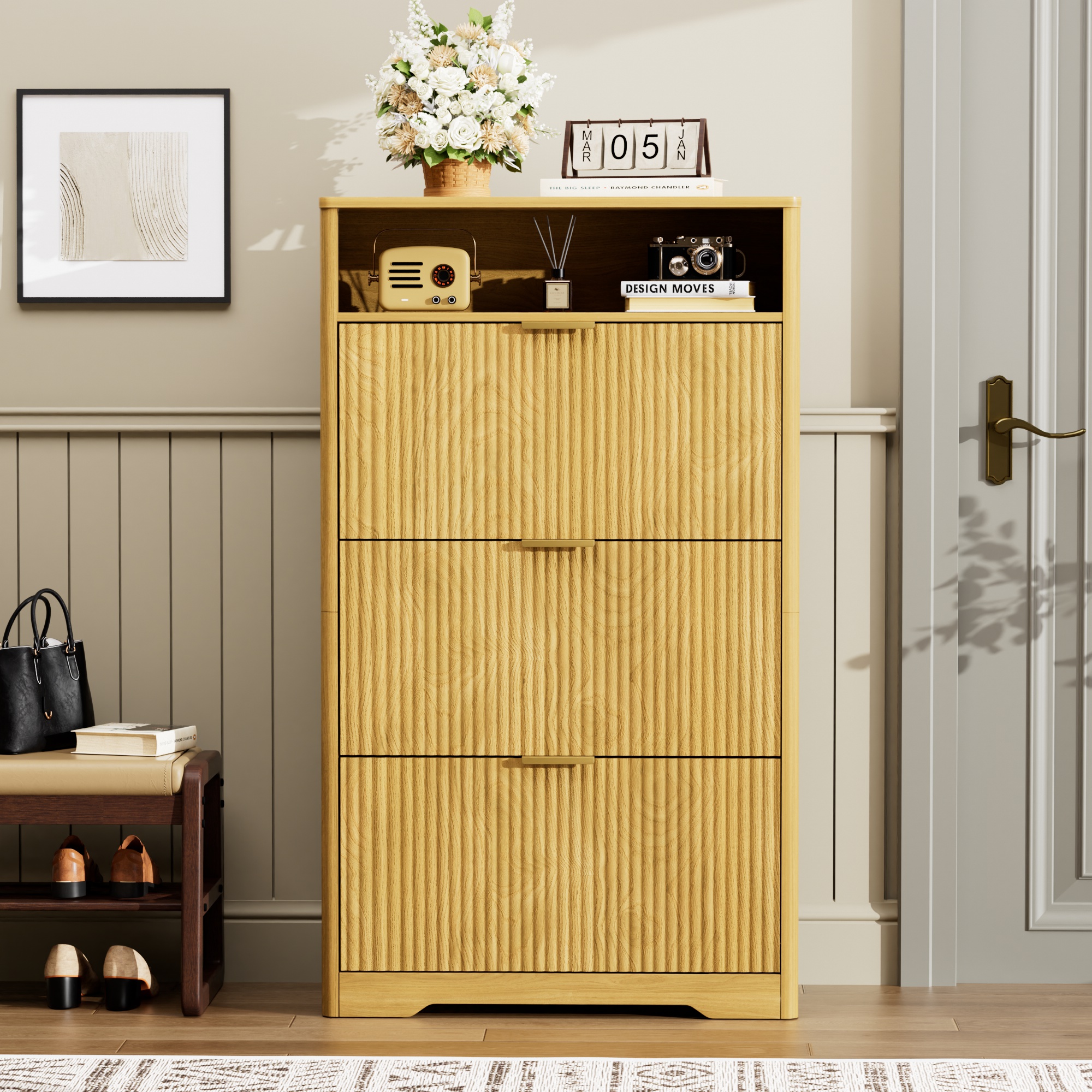 Shoe Cabinet Storage for Entryway Hidden Shoes Storage Cabinet with 3 Flip Drawers, Tall Free Standing Shoe Organizer Rack for Foyer, Hallway. Natural,31.6'' L x 9.6'' W x 54.4'' H. - Image 2