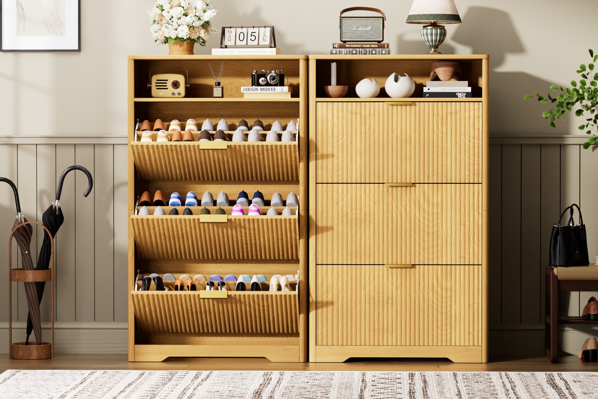 Shoe Cabinet Storage for Entryway Hidden Shoes Storage Cabinet with 3 Flip Drawers, Tall Free Standing Shoe Organizer Rack for Foyer, Hallway. Natural,31.6'' L x 9.6'' W x 54.4'' H. - Image 3