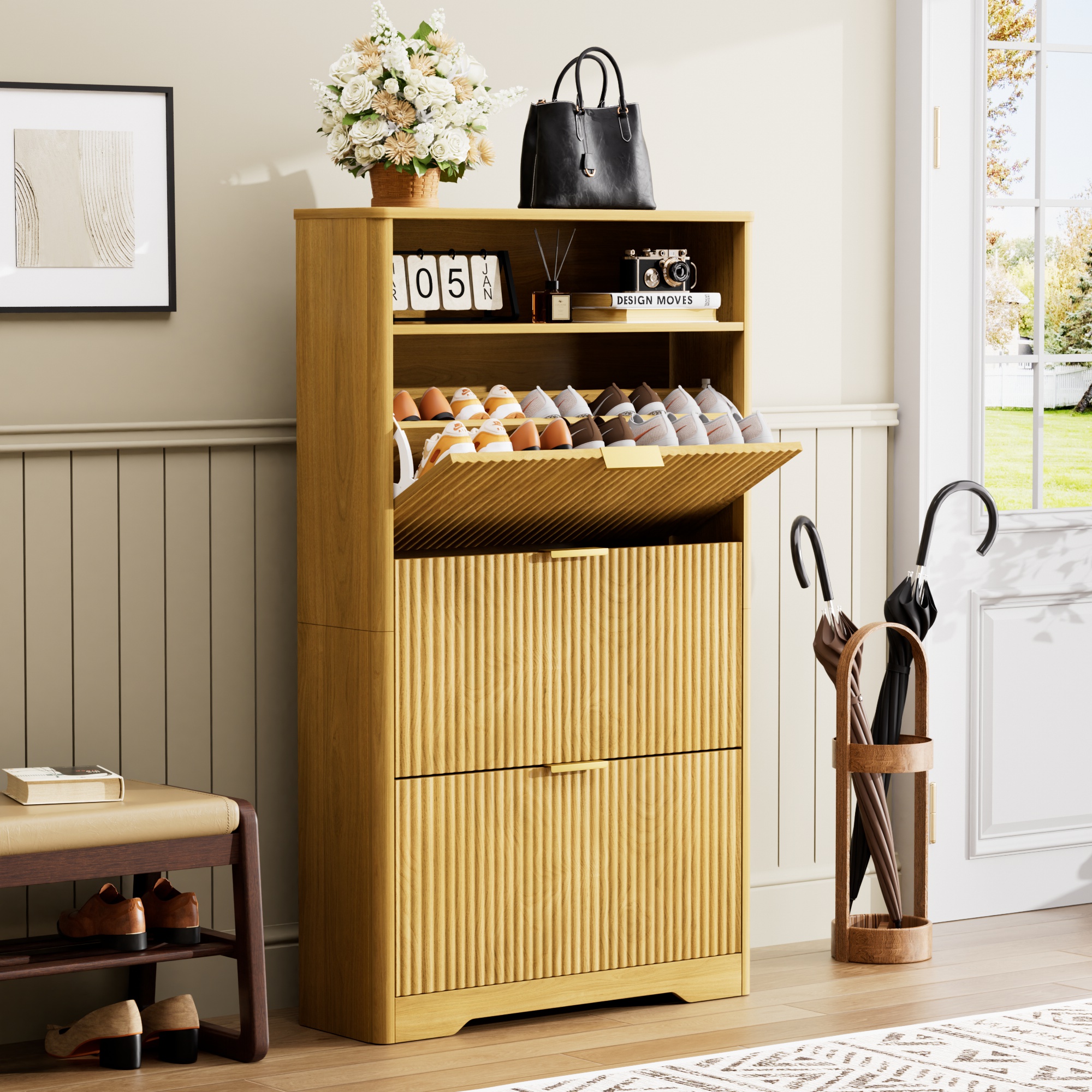 Shoe Cabinet Storage for Entryway Hidden Shoes Storage Cabinet with 3 Flip Drawers, Tall Free Standing Shoe Organizer Rack for Foyer, Hallway. Natural,31.6'' L x 9.6'' W x 54.4'' H. - Image 4