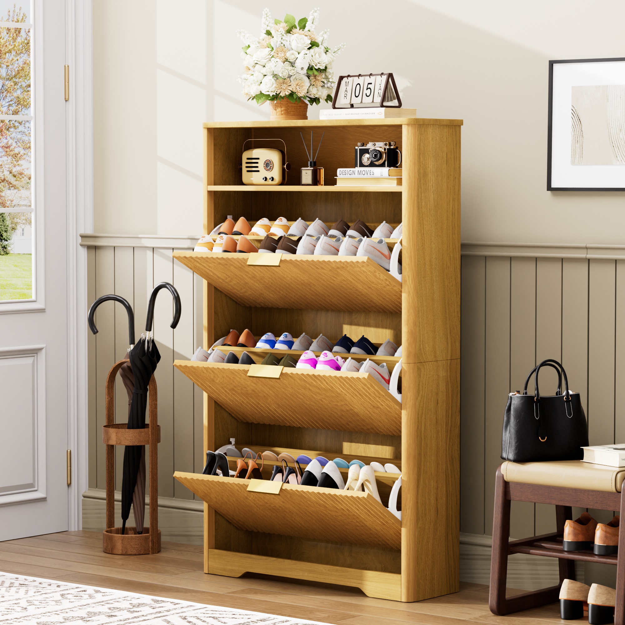 Shoe Cabinet Storage for Entryway Hidden Shoes Storage Cabinet with 3 Flip Drawers, Tall Free Standing Shoe Organizer Rack for Foyer, Hallway. Natural,31.6'' L x 9.6'' W x 54.4'' H. - Image 5