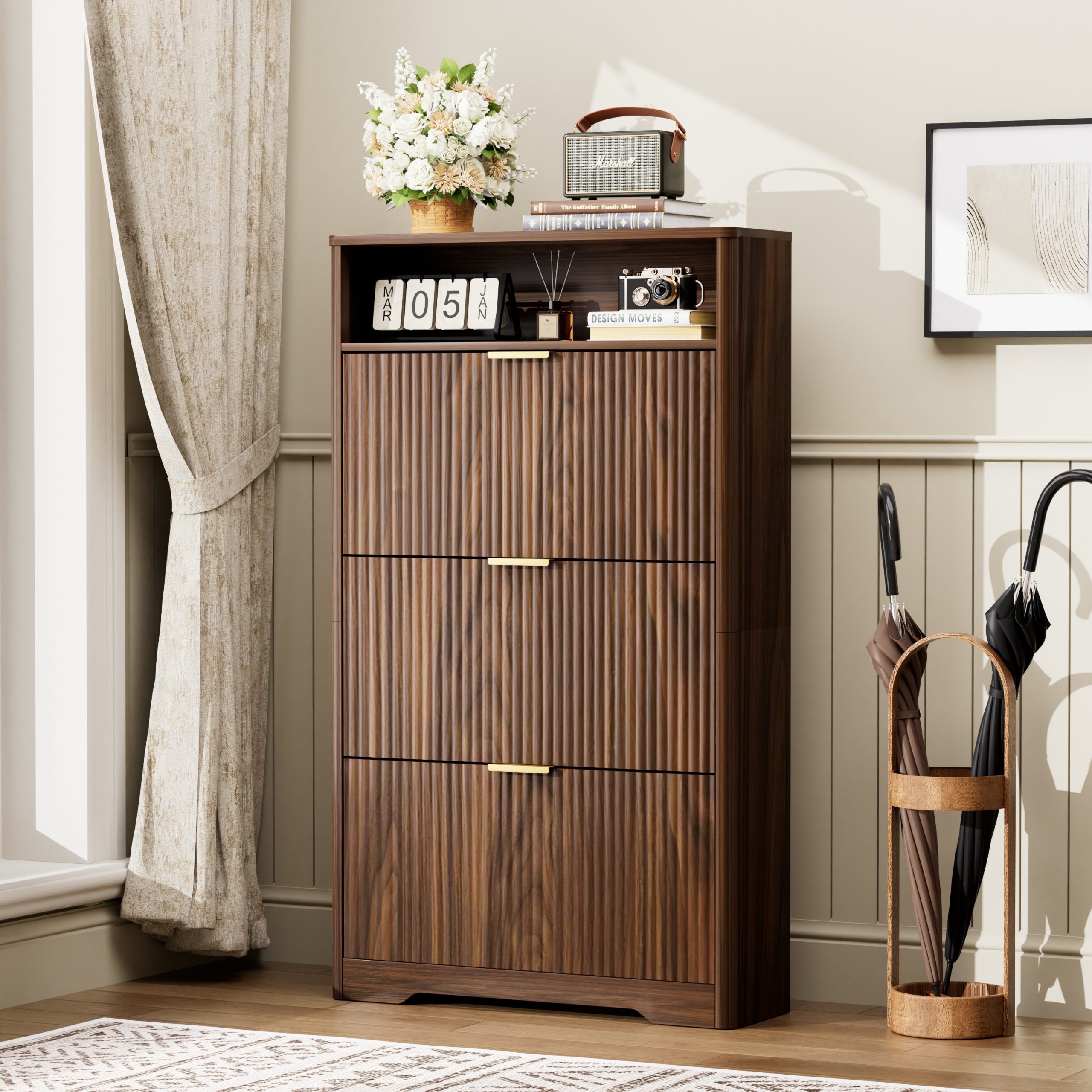 Shoe Cabinet Storage for Entryway Hidden Shoes Storage Cabinet with 3 Flip Drawers, Tall Free Standing Shoe Organizer Rack for Foyer, Hallway. Walnut ,31.6” L x 9.6” W x 54.4” H.