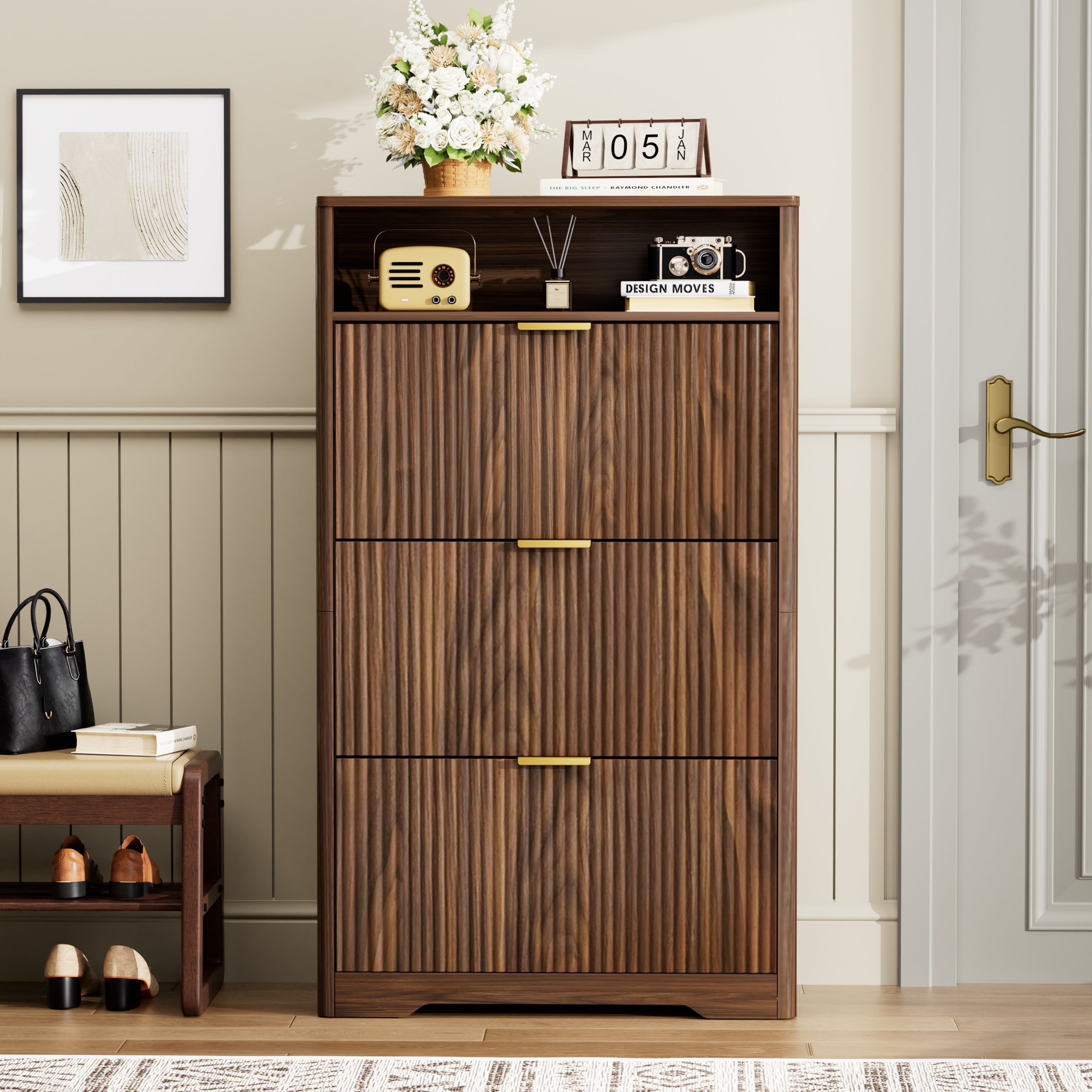 Shoe Cabinet Storage for Entryway Hidden Shoes Storage Cabinet with 3 Flip Drawers, Tall Free Standing Shoe Organizer Rack for Foyer, Hallway. Walnut ,31.6'' L x 9.6'' W x 54.4'' H. - Image 2