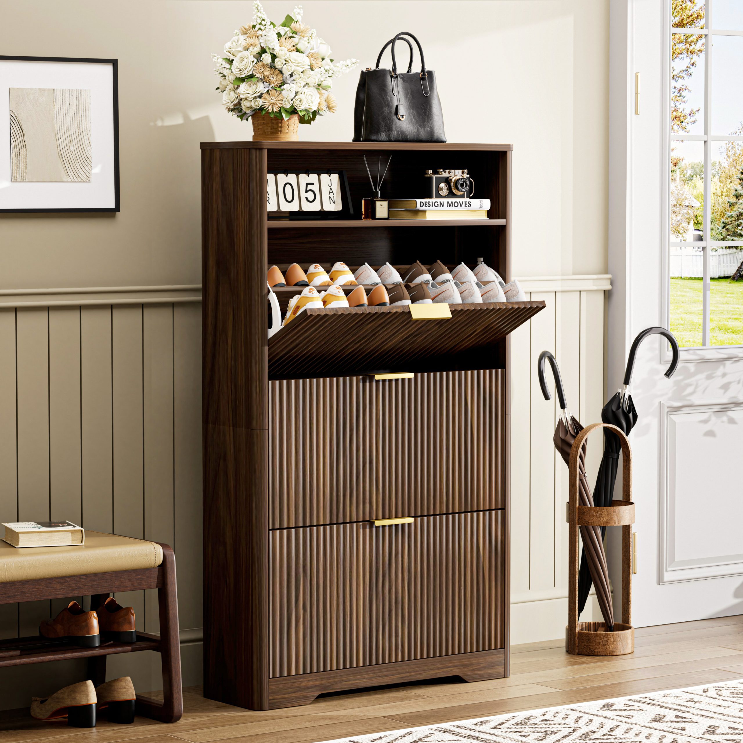 Shoe Cabinet Storage for Entryway Hidden Shoes Storage Cabinet with 3 Flip Drawers, Tall Free Standing Shoe Organizer Rack for Foyer, Hallway. Walnut ,31.6'' L x 9.6'' W x 54.4'' H. - Image 3