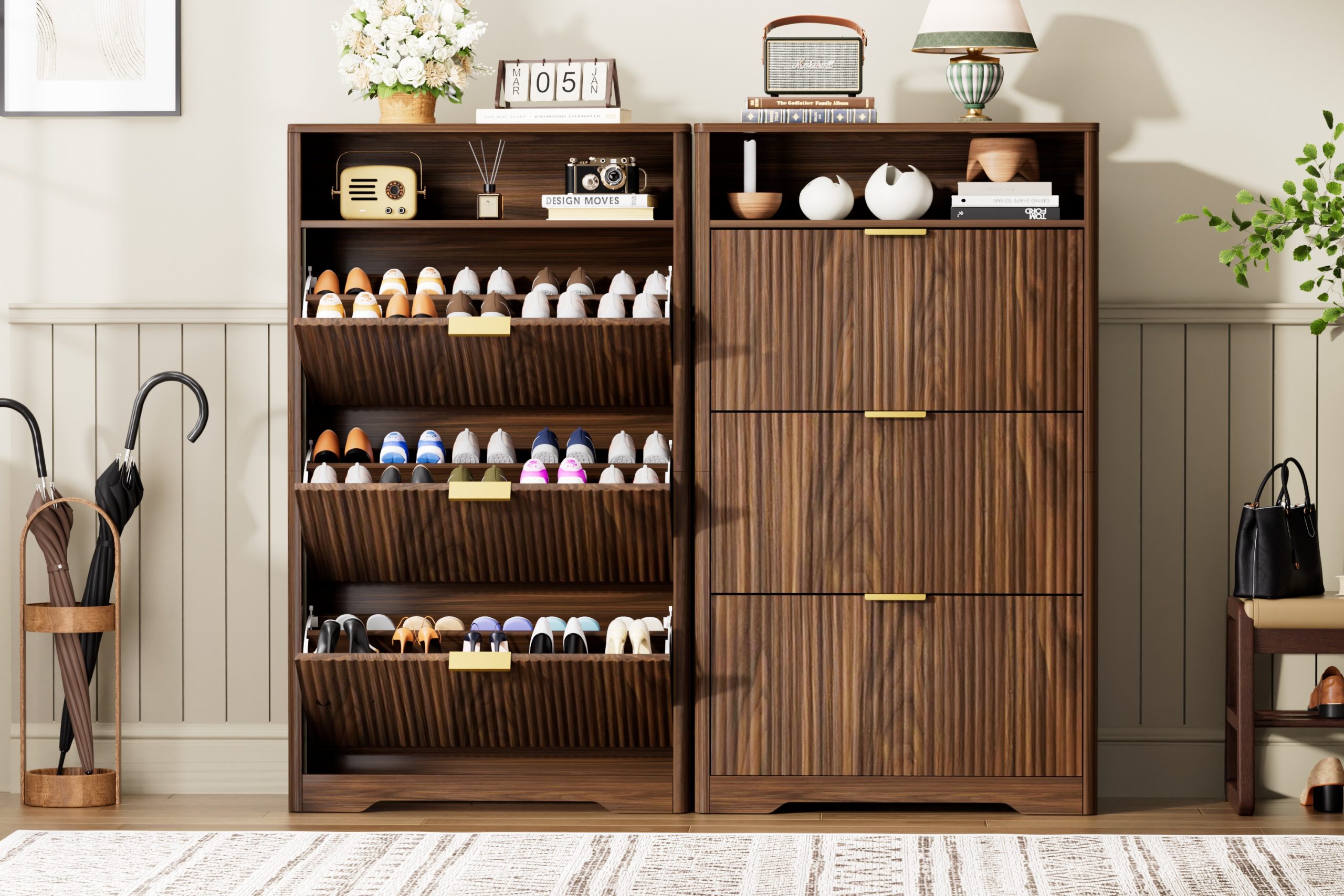 Shoe Cabinet Storage for Entryway Hidden Shoes Storage Cabinet with 3 Flip Drawers, Tall Free Standing Shoe Organizer Rack for Foyer, Hallway. Walnut ,31.6'' L x 9.6'' W x 54.4'' H. - Image 5