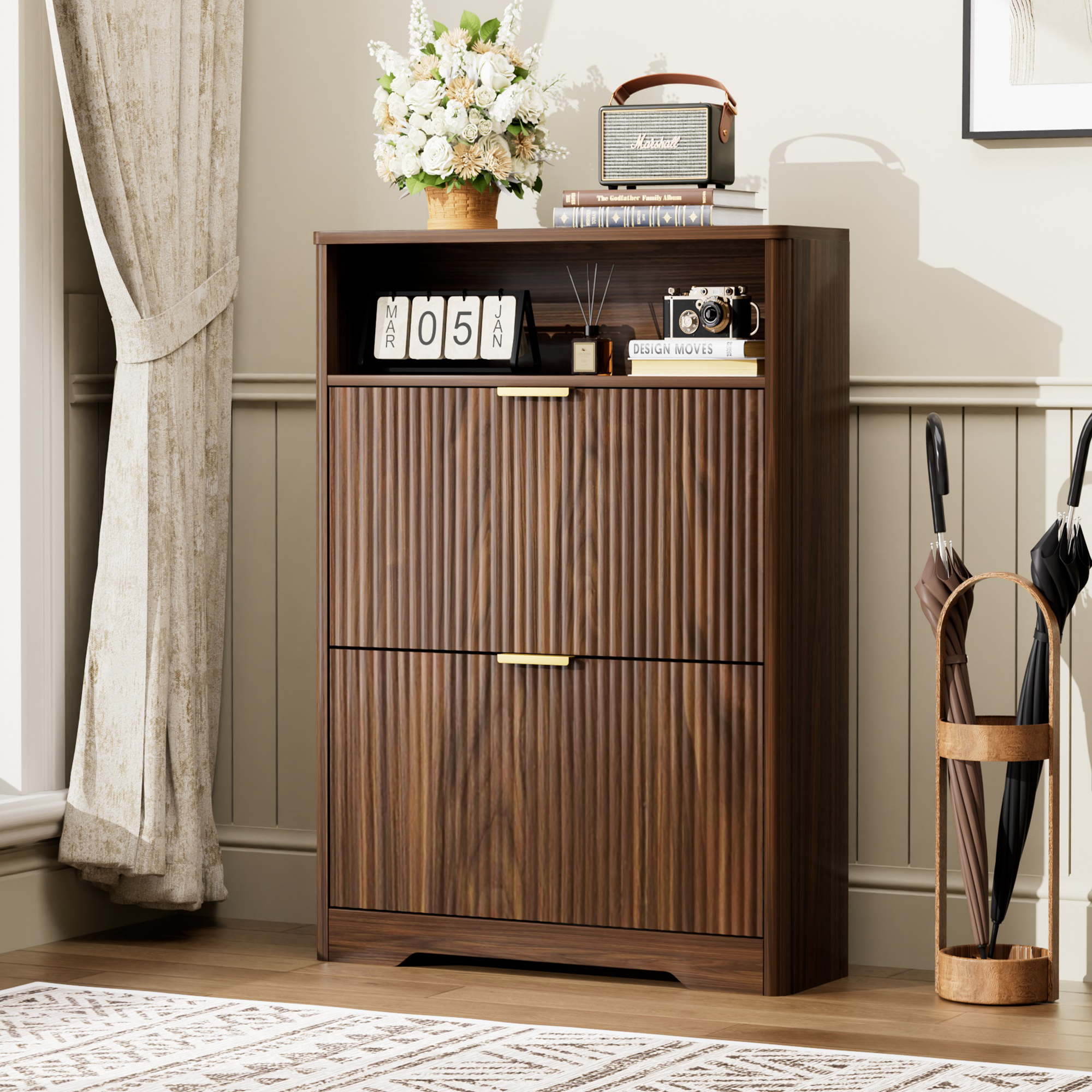 Shoe Cabinet Storage for Entryway Hidden Shoes Storage Cabinet with 2 Flip Drawers, Tall Free Standing Shoe Organizer Rack for Foyer, Hallway. Walnut,31.6” L x 9.6” W x 40” H.
