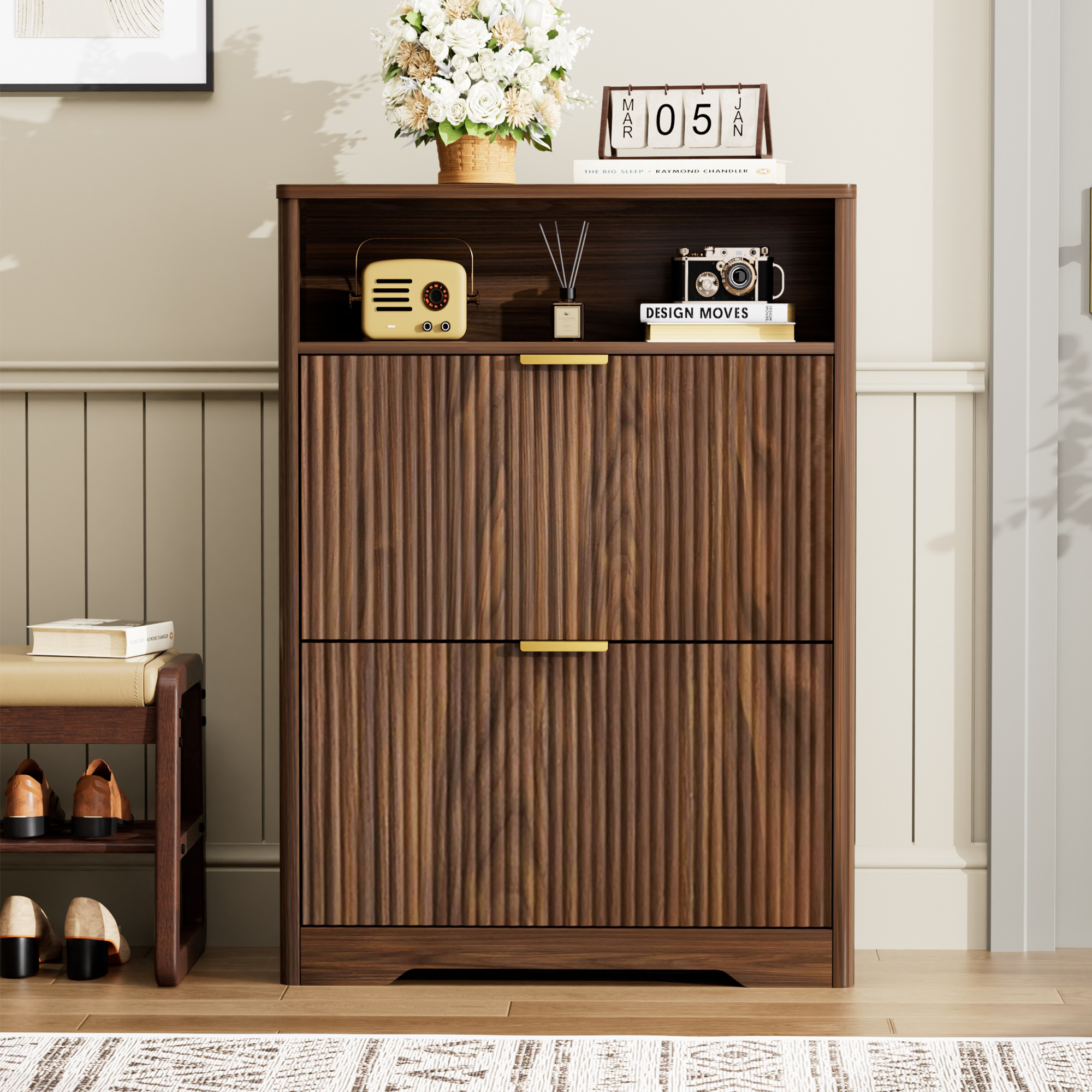 Shoe Cabinet Storage for Entryway Hidden Shoes Storage Cabinet with 2 Flip Drawers, Tall Free Standing Shoe Organizer Rack for Foyer, Hallway. Walnut,31.6'' L x 9.6'' W x 40'' H. - Image 2