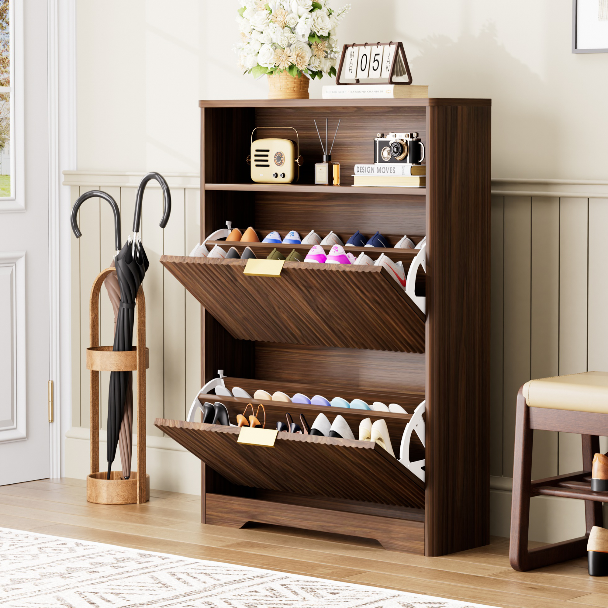 Shoe Cabinet Storage for Entryway Hidden Shoes Storage Cabinet with 2 Flip Drawers, Tall Free Standing Shoe Organizer Rack for Foyer, Hallway. Walnut,31.6'' L x 9.6'' W x 40'' H. - Image 3