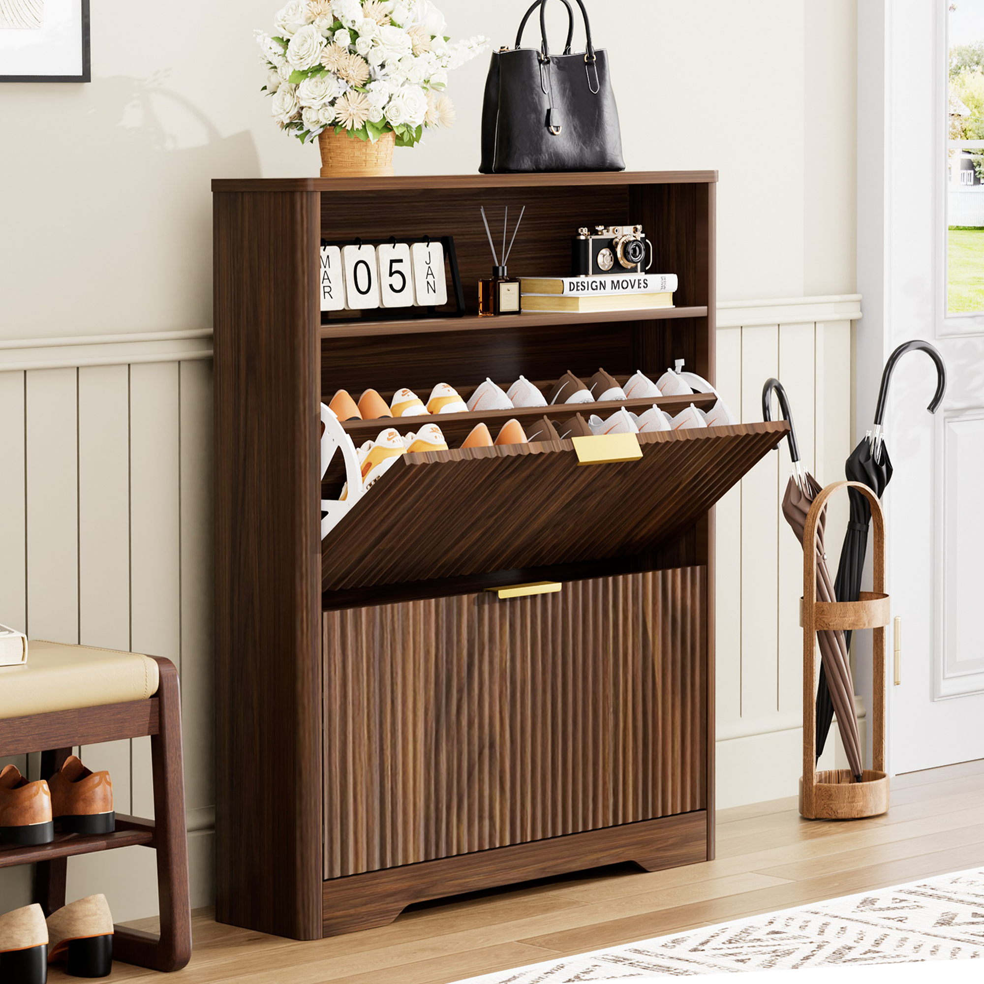 Shoe Cabinet Storage for Entryway Hidden Shoes Storage Cabinet with 2 Flip Drawers, Tall Free Standing Shoe Organizer Rack for Foyer, Hallway. Walnut,31.6'' L x 9.6'' W x 40'' H. - Image 4