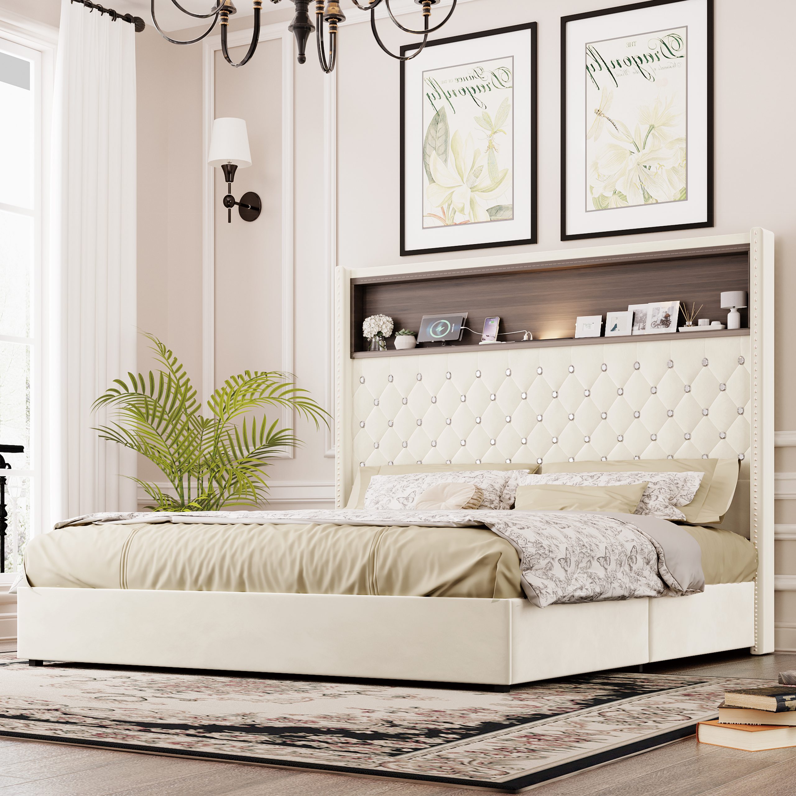 Queen Size Velvet Tufted Soft Bed Frame with USB Port and Night Light,52'' High Headboard with Rivet Decoration, Wing-back Platform Bed with Headboard Shelf, Beige - Image 1
