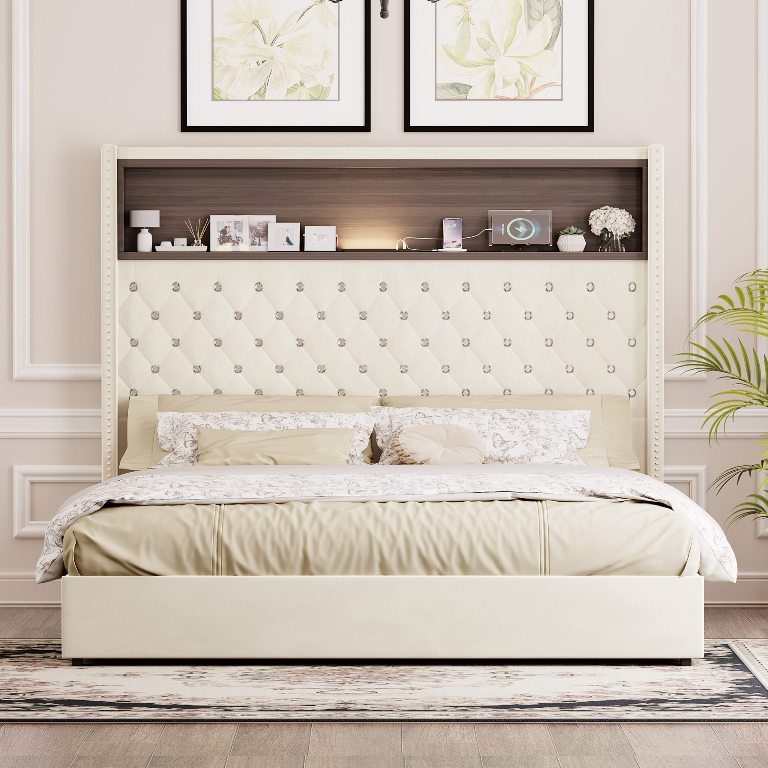 Queen Size Velvet Tufted Soft Bed Frame with USB Port and Night Light,52'' High Headboard with Rivet Decoration, Wing-back Platform Bed with Headboard Shelf, Beige - Image 2