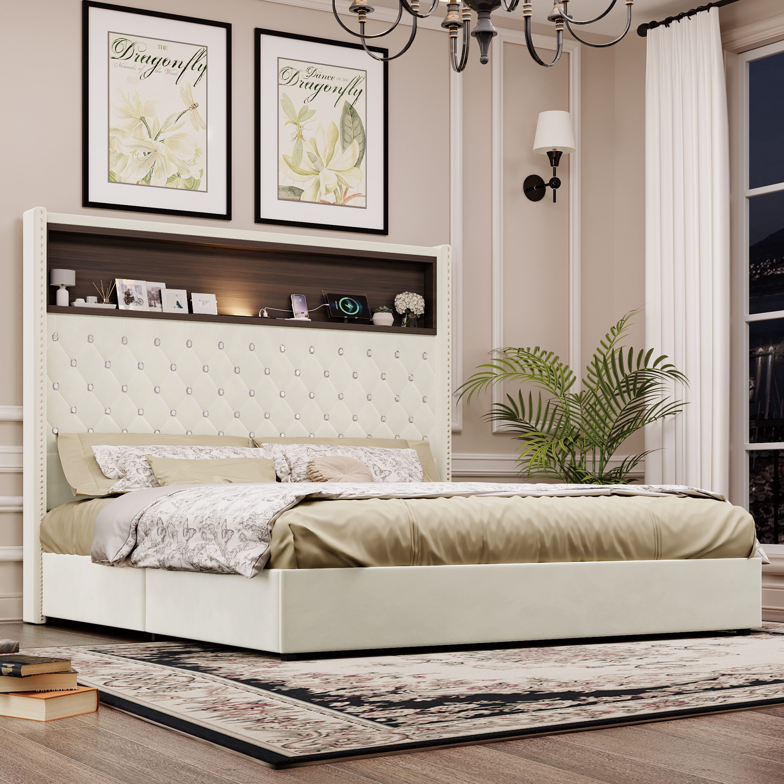 Queen Size Velvet Tufted Soft Bed Frame with USB Port and Night Light,52'' High Headboard with Rivet Decoration, Wing-back Platform Bed with Headboard Shelf, Beige - Image 3