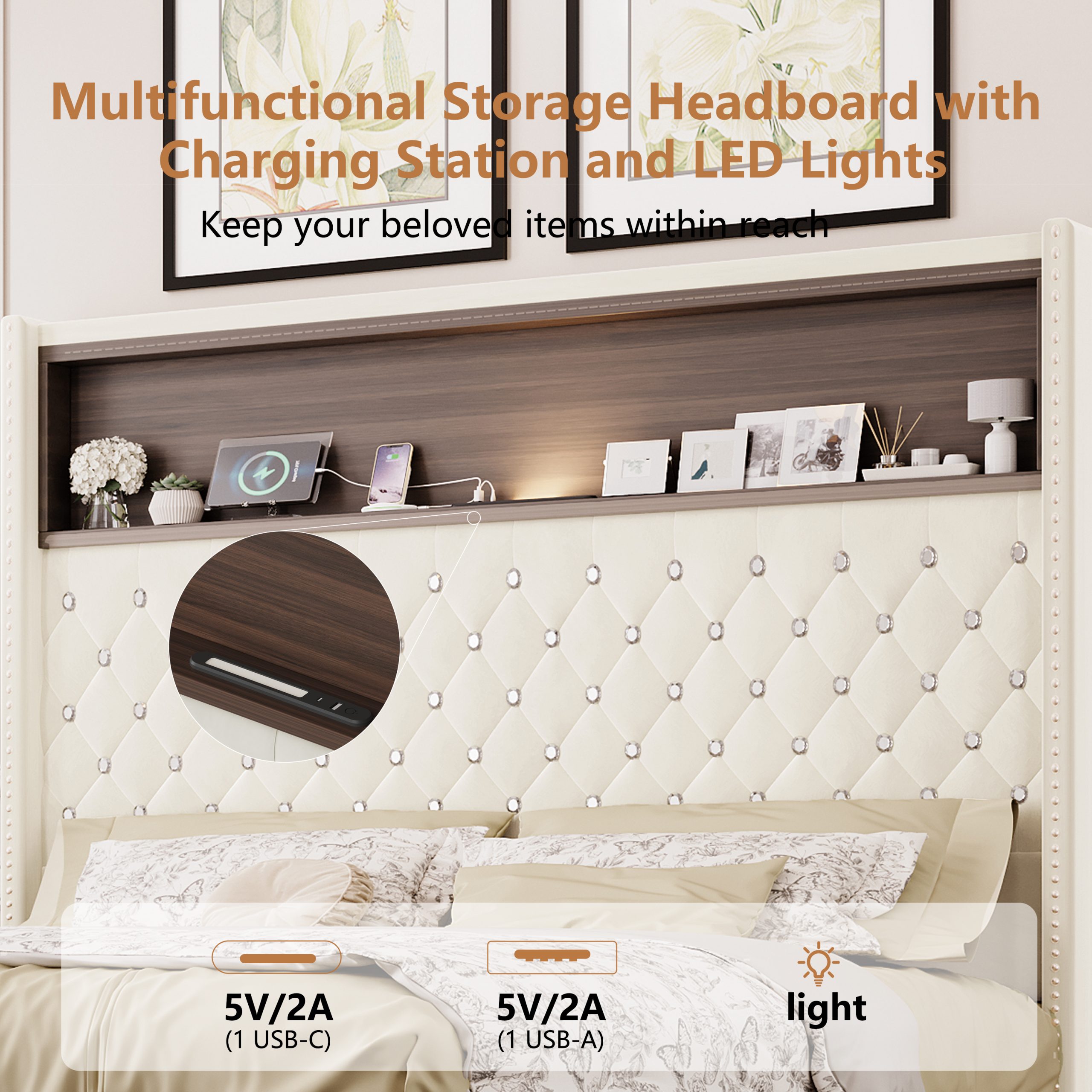 Queen Size Velvet Tufted Soft Bed Frame with USB Port and Night Light,52'' High Headboard with Rivet Decoration, Wing-back Platform Bed with Headboard Shelf, Beige - Image 4