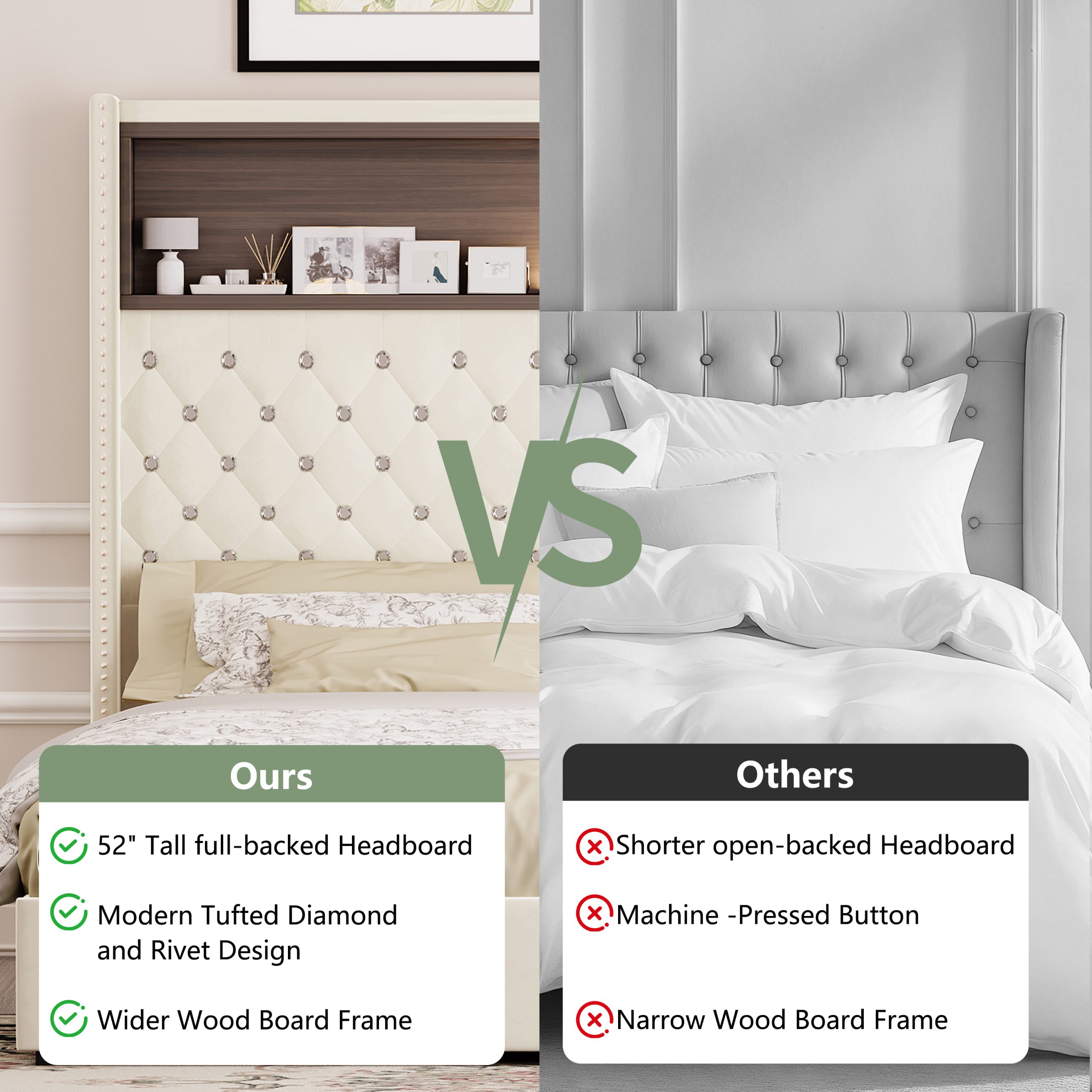 Queen Size Velvet Tufted Soft Bed Frame with USB Port and Night Light,52'' High Headboard with Rivet Decoration, Wing-back Platform Bed with Headboard Shelf, Beige - Image 5