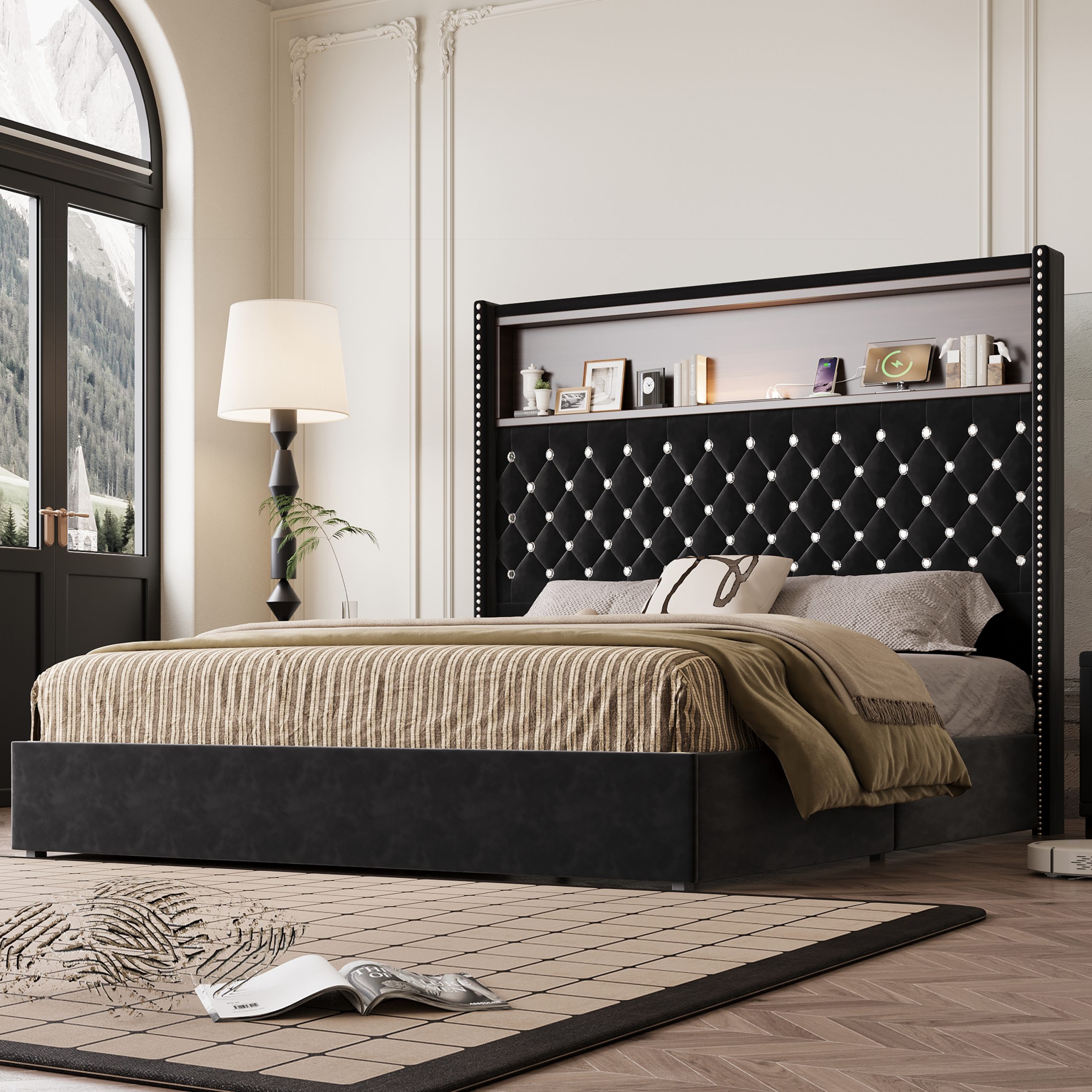 Queen Size Velvet Tufted Soft Bed Frame with USB Port and Night Light,52'' High Headboard with Rivet Decoration, Wing-back Platform Bed with Headboard Shelf, Black - Image 1