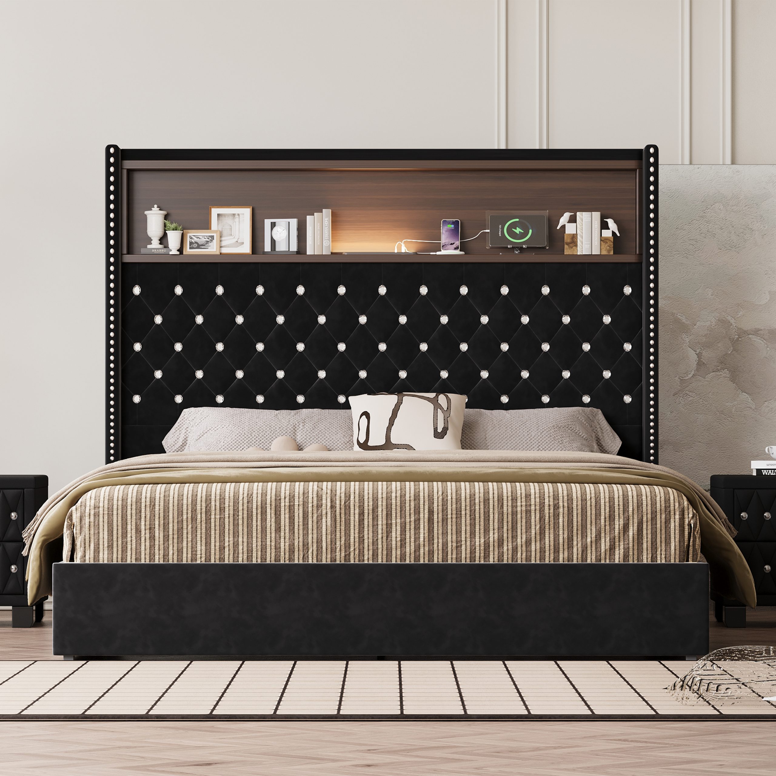 Queen Size Velvet Tufted Soft Bed Frame with USB Port and Night Light,52'' High Headboard with Rivet Decoration, Wing-back Platform Bed with Headboard Shelf, Black - Image 2