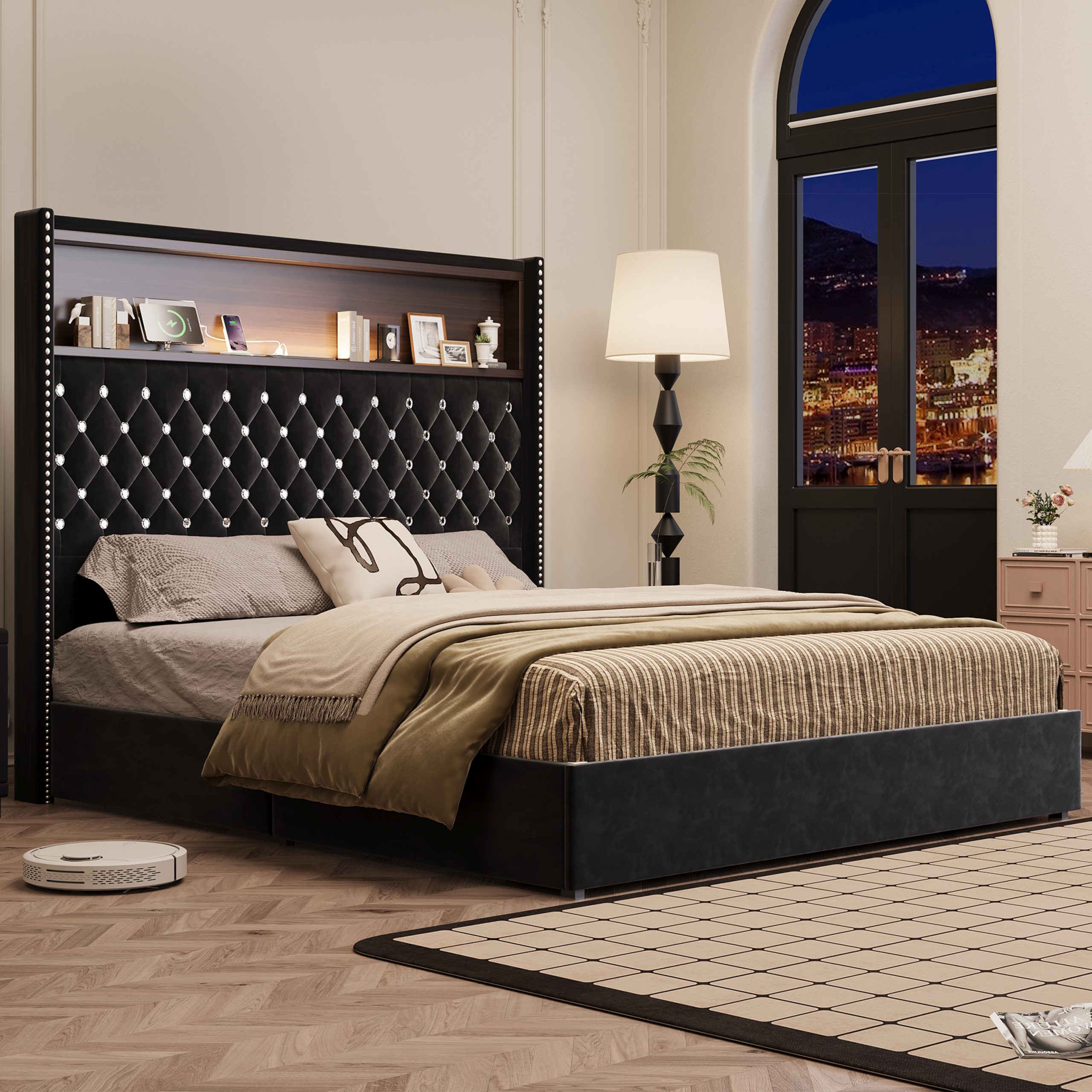 Queen Size Velvet Tufted Soft Bed Frame with USB Port and Night Light,52'' High Headboard with Rivet Decoration, Wing-back Platform Bed with Headboard Shelf, Black - Image 3