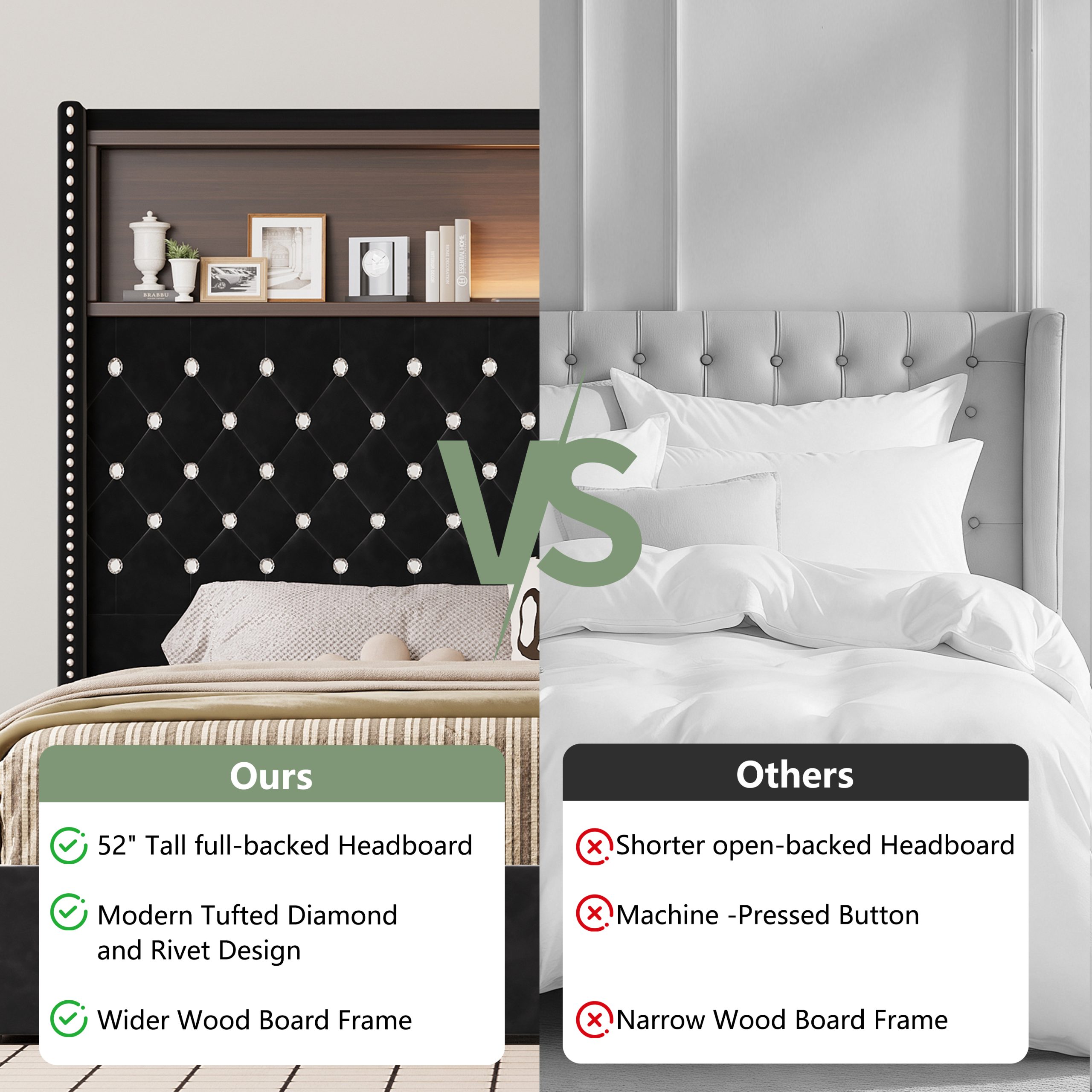 Queen Size Velvet Tufted Soft Bed Frame with USB Port and Night Light,52'' High Headboard with Rivet Decoration, Wing-back Platform Bed with Headboard Shelf, Black - Image 5