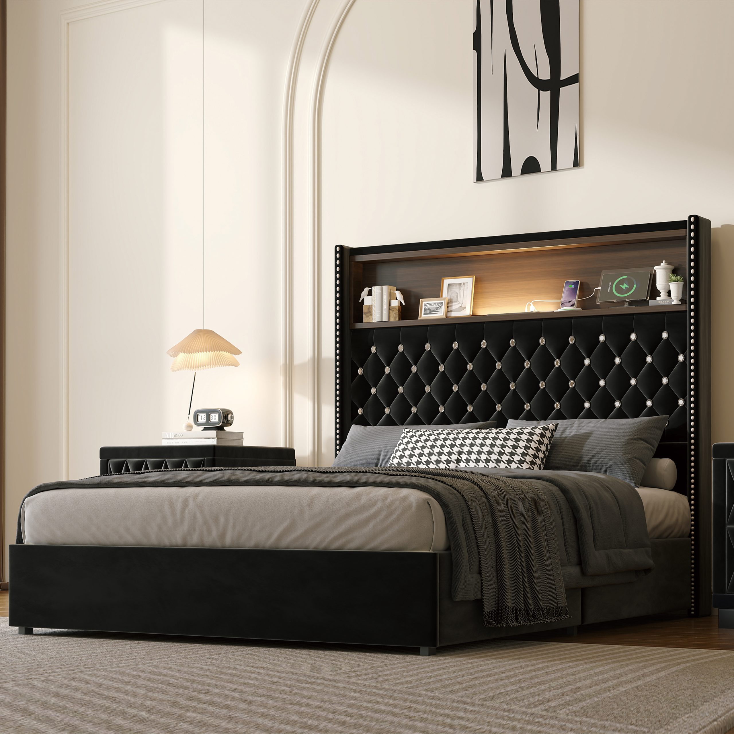 Full Size Velvet Tufted Soft Bed Frame with USB Port and Night Light,52”High Headboard with Rivet Decoration,Wing-back Platform Bed with Headboard Shelf,Black