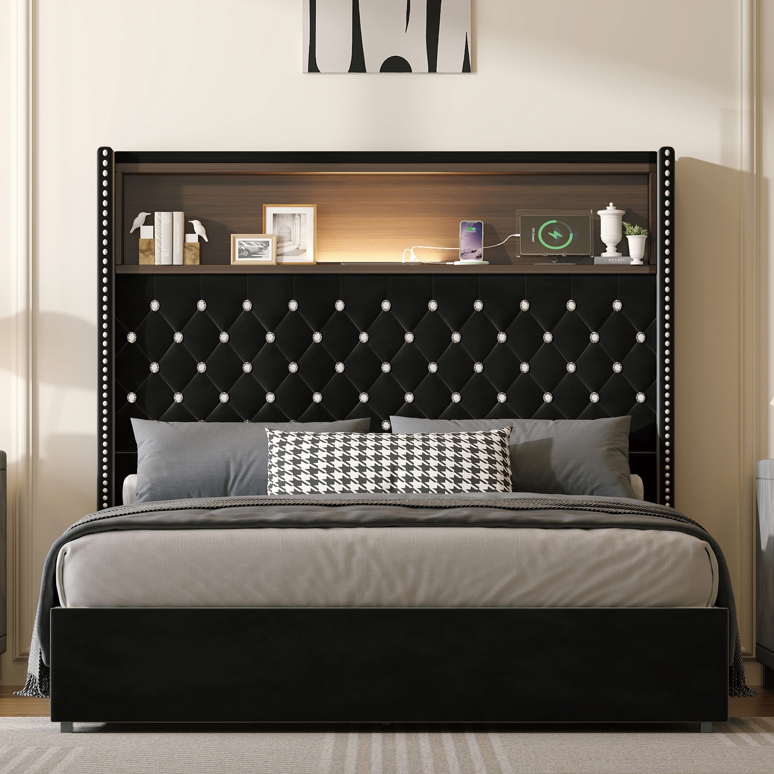 Full Size Velvet Tufted Soft Bed Frame with USB Port and Night Light,52''High Headboard with Rivet Decoration,Wing-back Platform Bed with Headboard Shelf,Black - Image 2