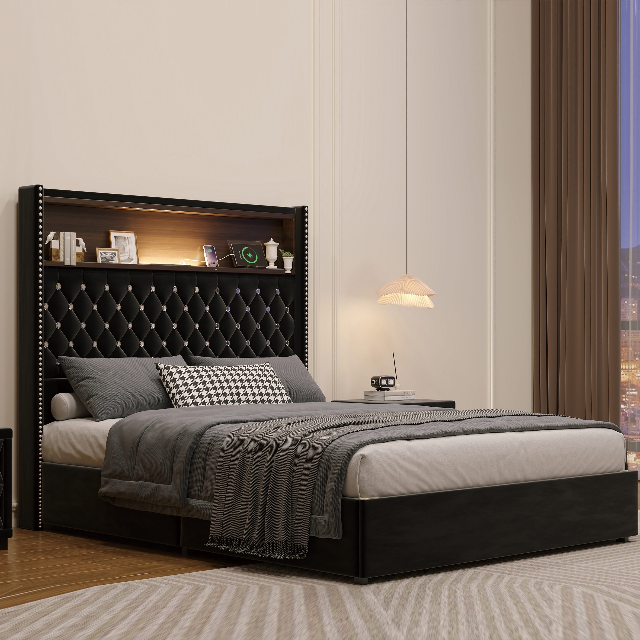 Full Size Velvet Tufted Soft Bed Frame with USB Port and Night Light,52''High Headboard with Rivet Decoration,Wing-back Platform Bed with Headboard Shelf,Black - Image 3