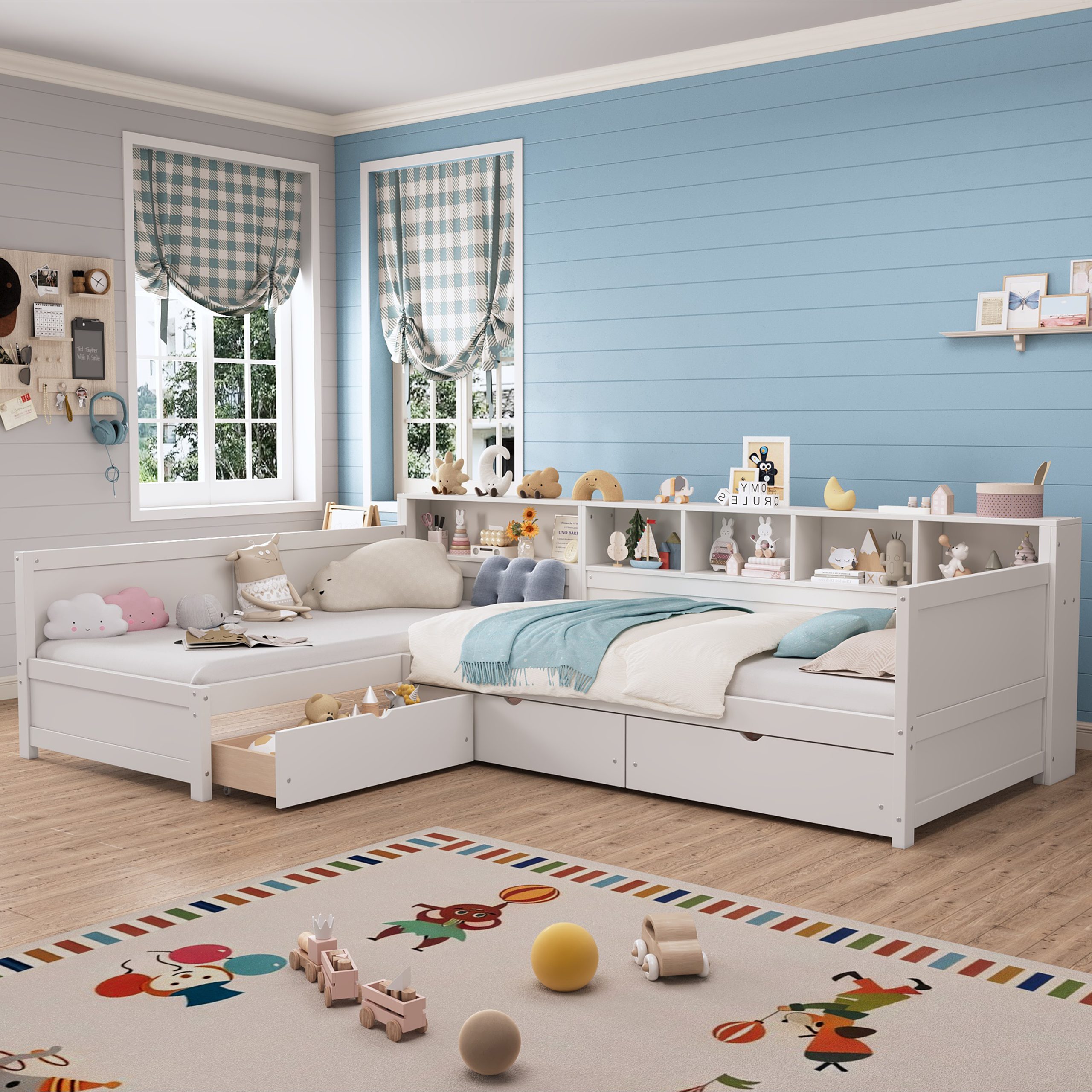 Twin Size Day Bed for 2, L- Shape Twin Size Bed Frame with Storage 3 Drawers, Wooden Corner Bed with Bookshelf, Corner Bed Frame For Bedroom, Living Room,White