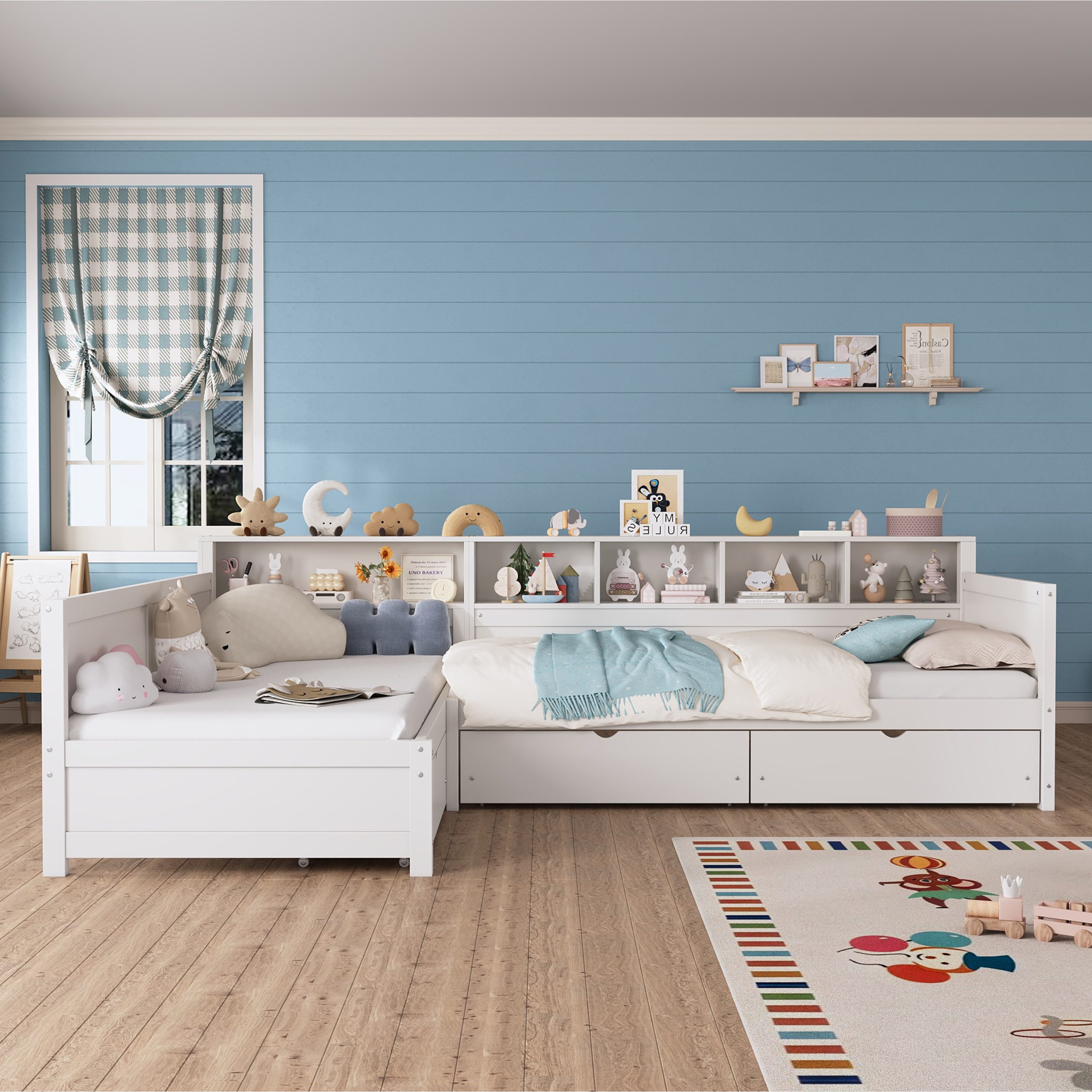 Twin Size Day Bed for 2, L- Shape Twin Size Bed Frame with Storage 3 Drawers, Wooden Corner Bed with Bookshelf, Corner Bed Frame For Bedroom, Living Room,White - Image 2