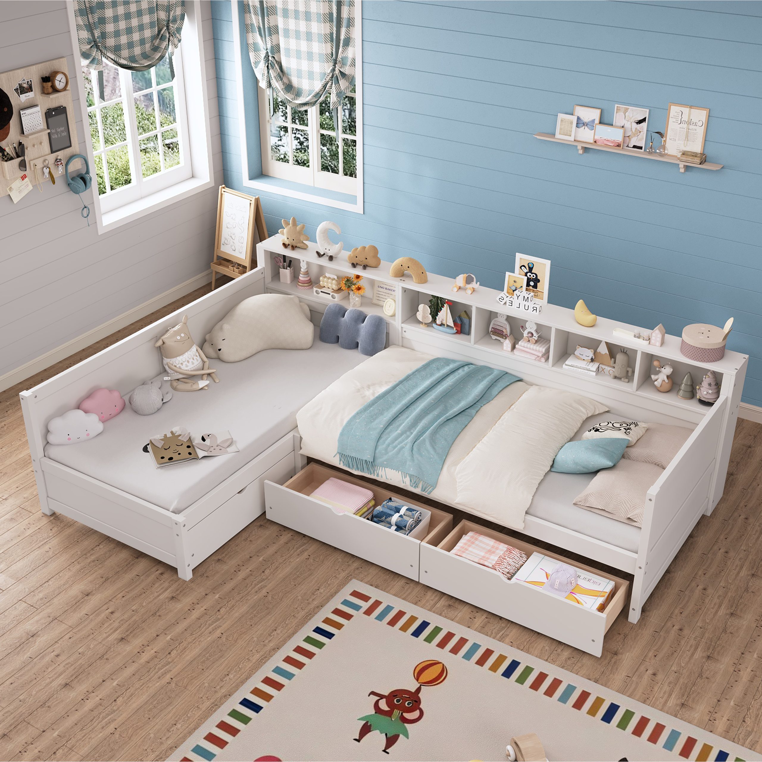 Twin Size Day Bed for 2, L- Shape Twin Size Bed Frame with Storage 3 Drawers, Wooden Corner Bed with Bookshelf, Corner Bed Frame For Bedroom, Living Room,White - Image 3