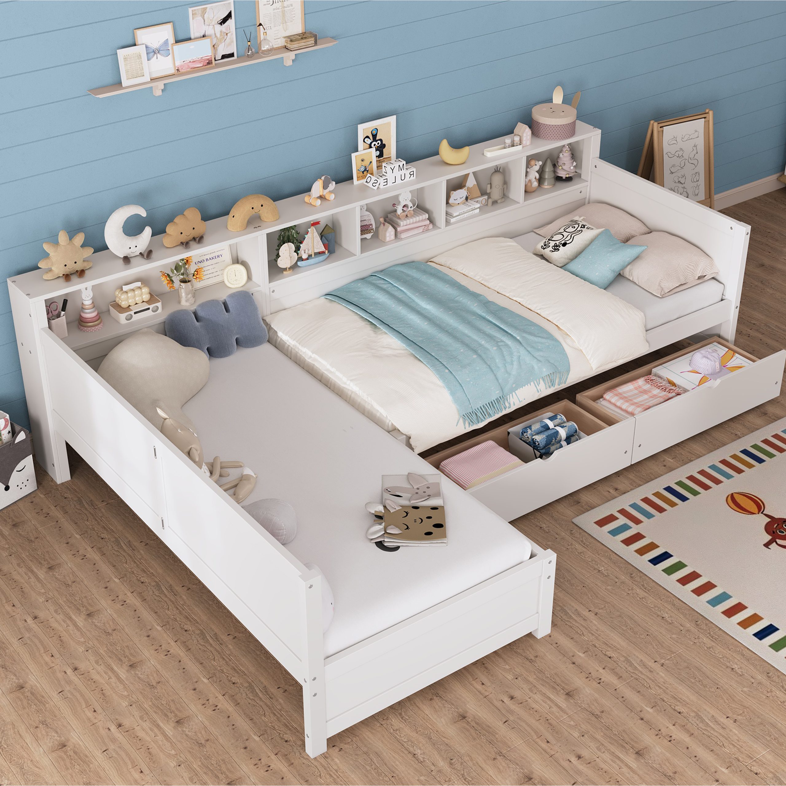 Twin Size Day Bed for 2, L- Shape Twin Size Bed Frame with Storage 3 Drawers, Wooden Corner Bed with Bookshelf, Corner Bed Frame For Bedroom, Living Room,White - Image 4