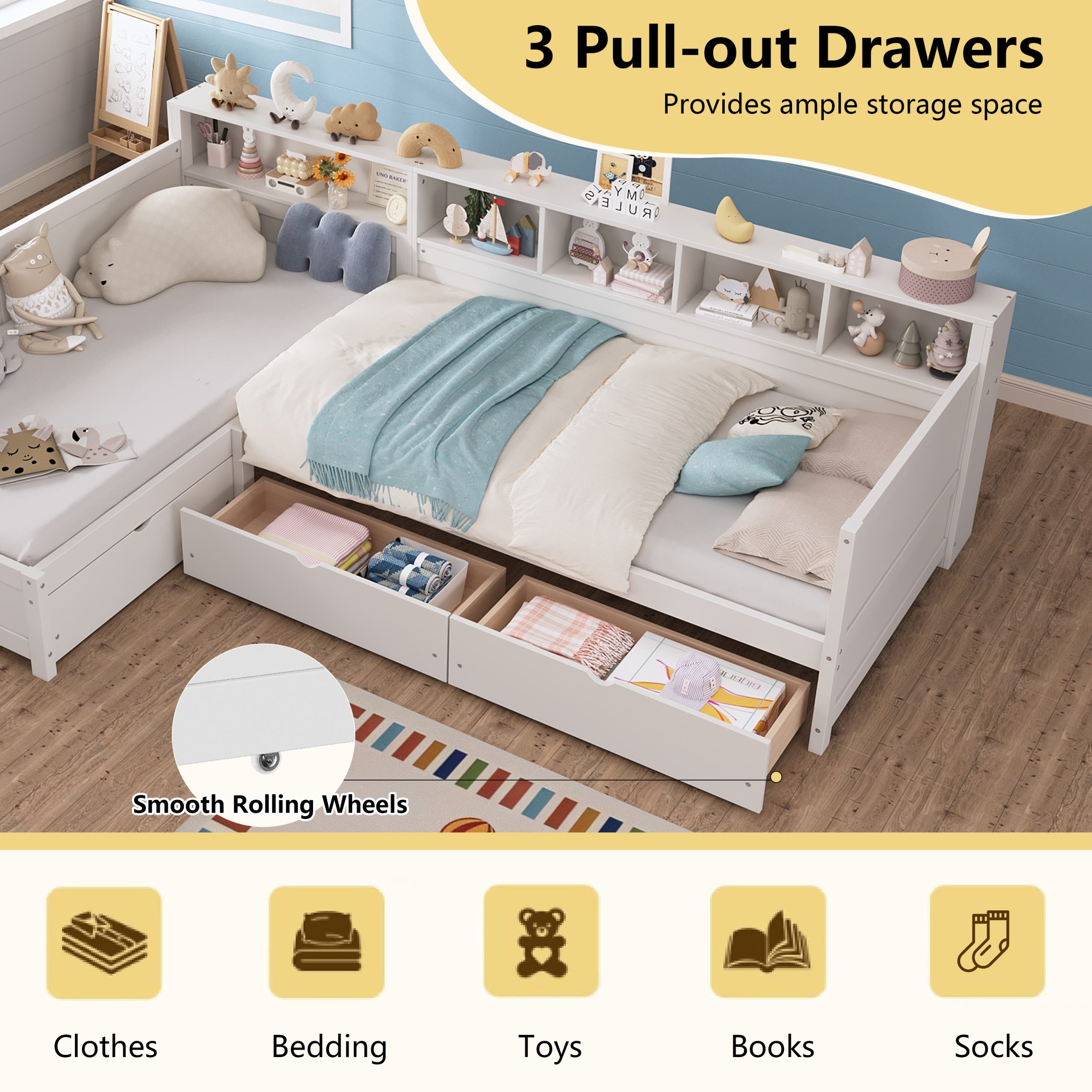 Twin Size Day Bed for 2, L- Shape Twin Size Bed Frame with Storage 3 Drawers, Wooden Corner Bed with Bookshelf, Corner Bed Frame For Bedroom, Living Room,White - Image 5