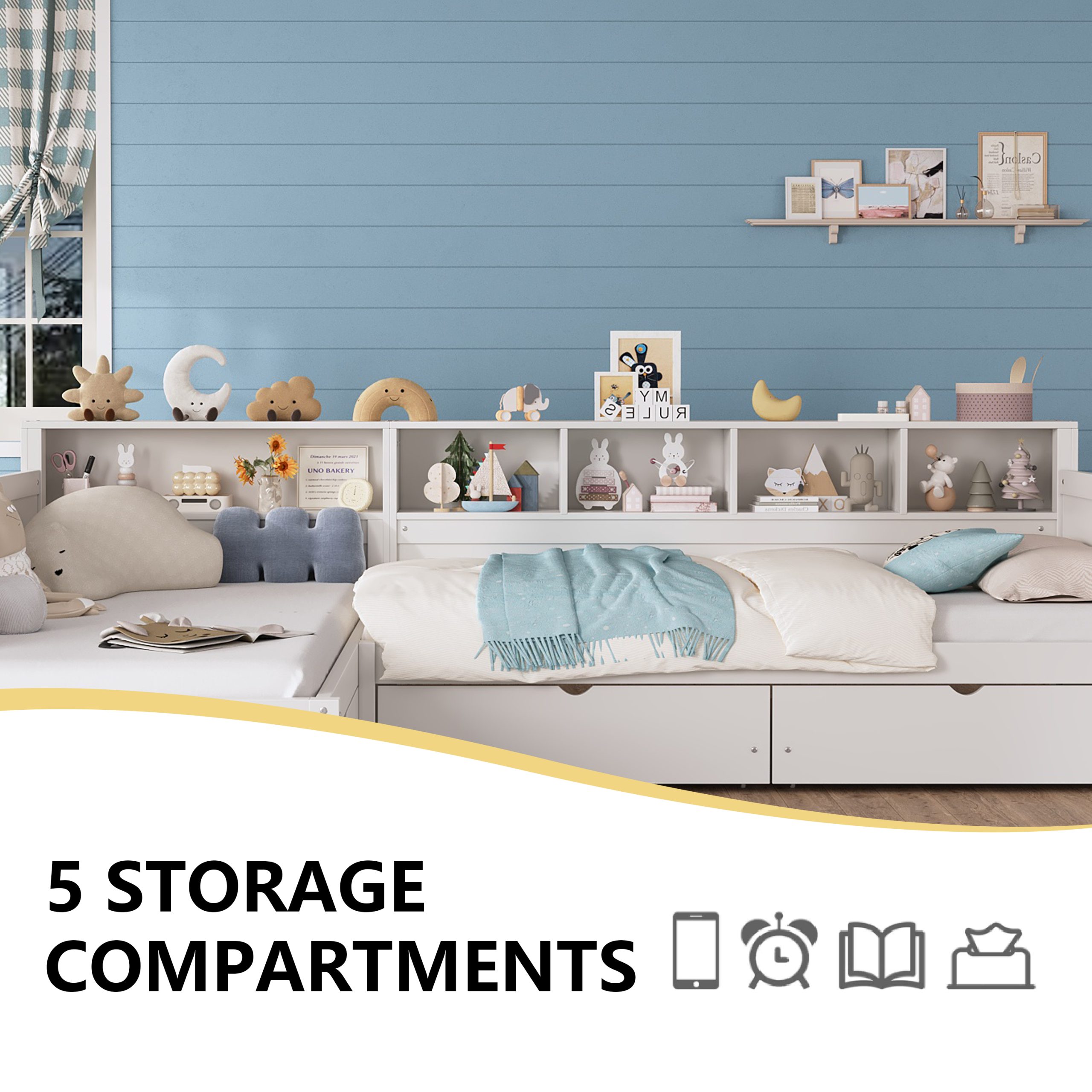 Twin Size Day Bed for 2, L- Shape Twin Size Bed Frame with Storage 3 Drawers, Wooden Corner Bed with Bookshelf, Corner Bed Frame For Bedroom, Living Room,White - Image 6